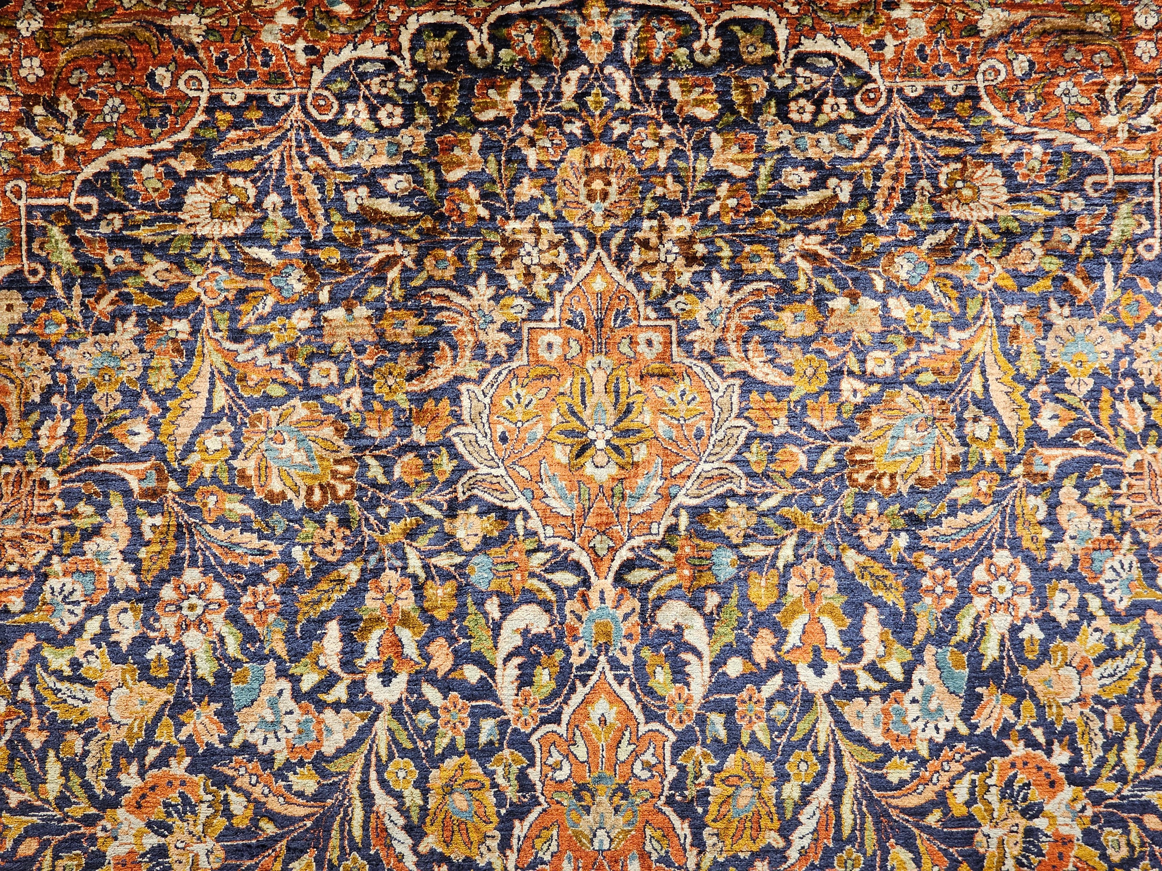 Vintage Persian Silk Tabriz Rug in Floral Design in Navy Blue, Rust, Yellow, Red For Sale 2