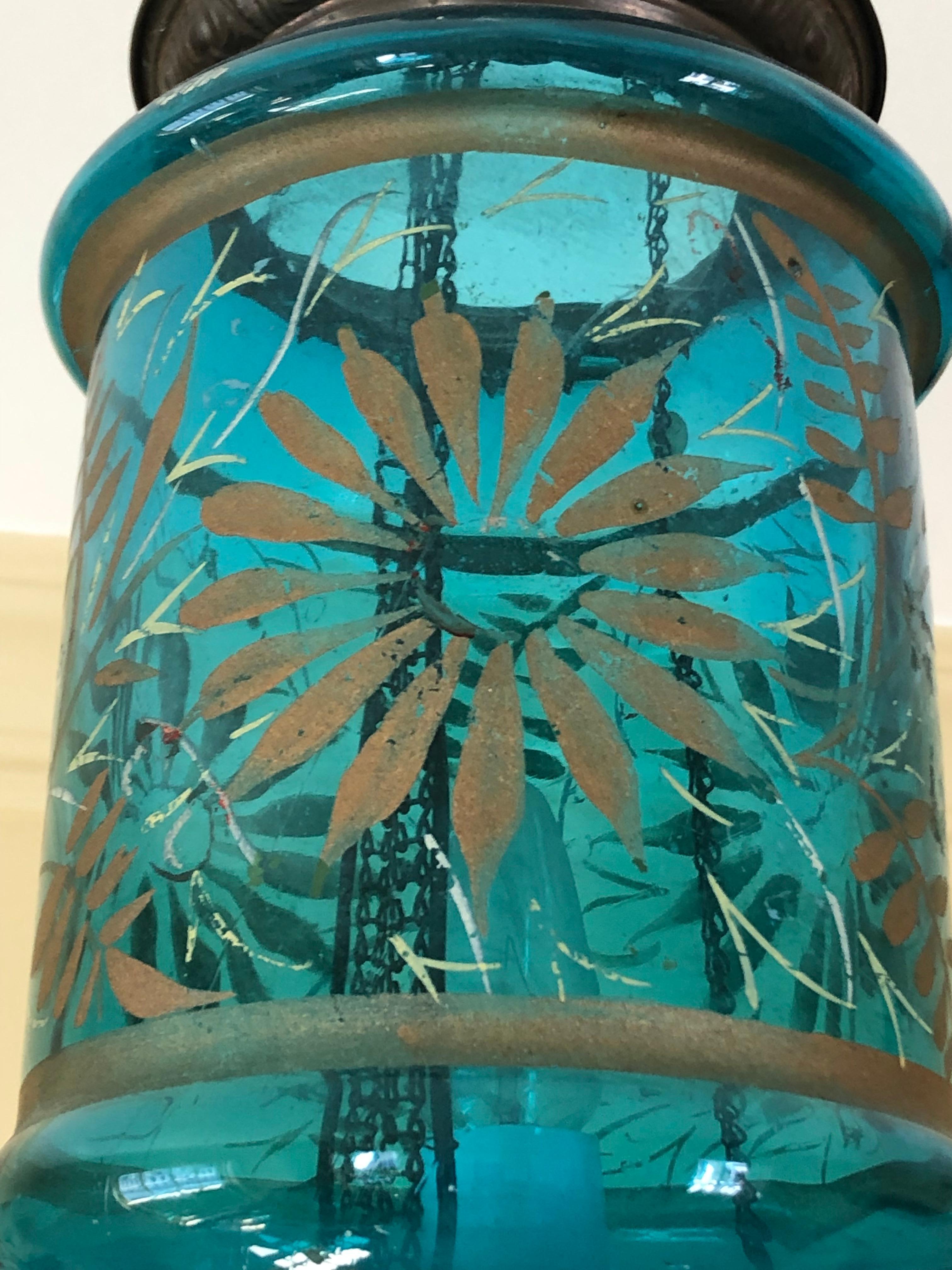North American Beautiful Vintage Turquoise Etched Glass Cylindrical Lantern For Sale