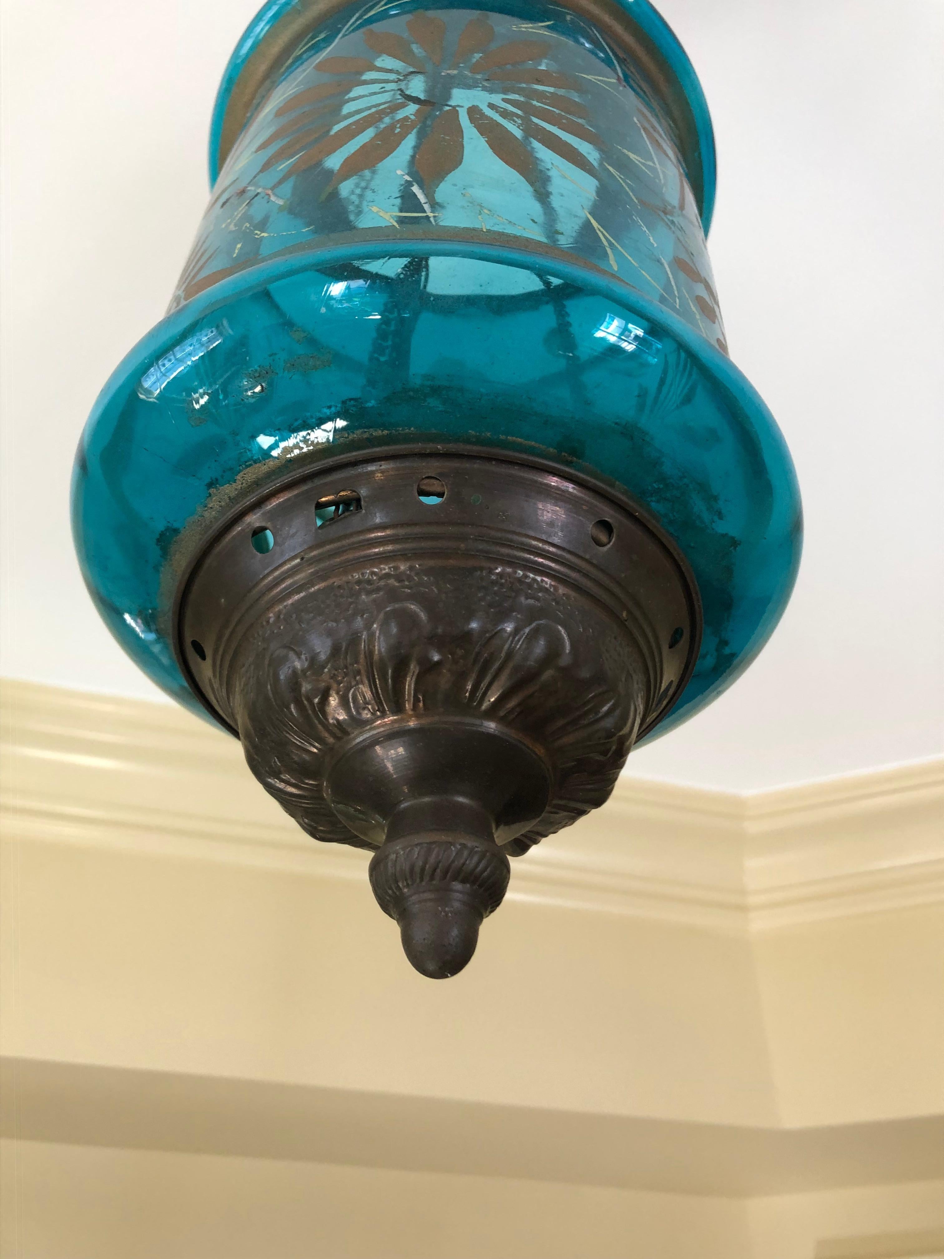 Beautiful Vintage Turquoise Etched Glass Cylindrical Lantern In Good Condition For Sale In Hopewell, NJ