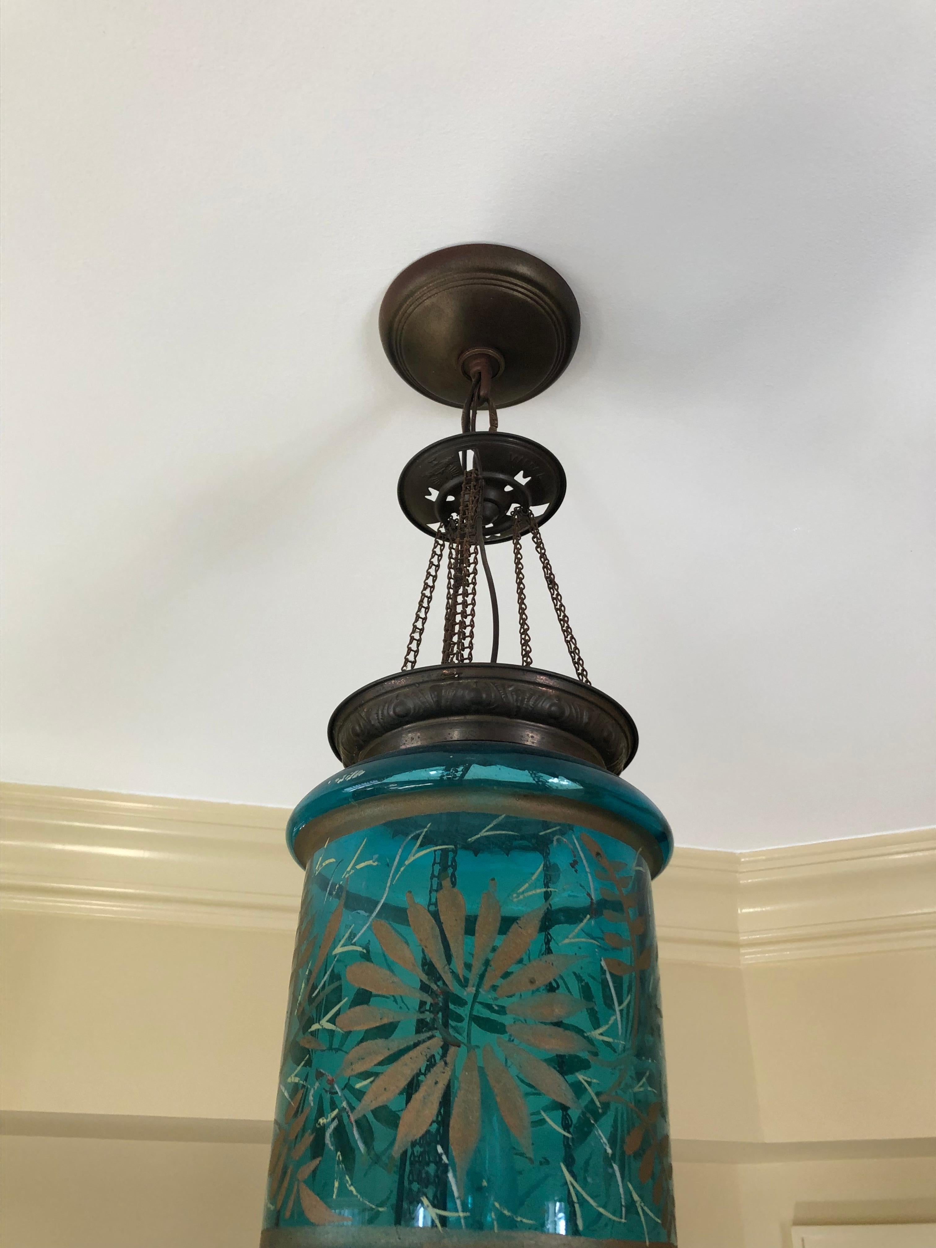 Mid-20th Century Beautiful Vintage Turquoise Etched Glass Cylindrical Lantern For Sale