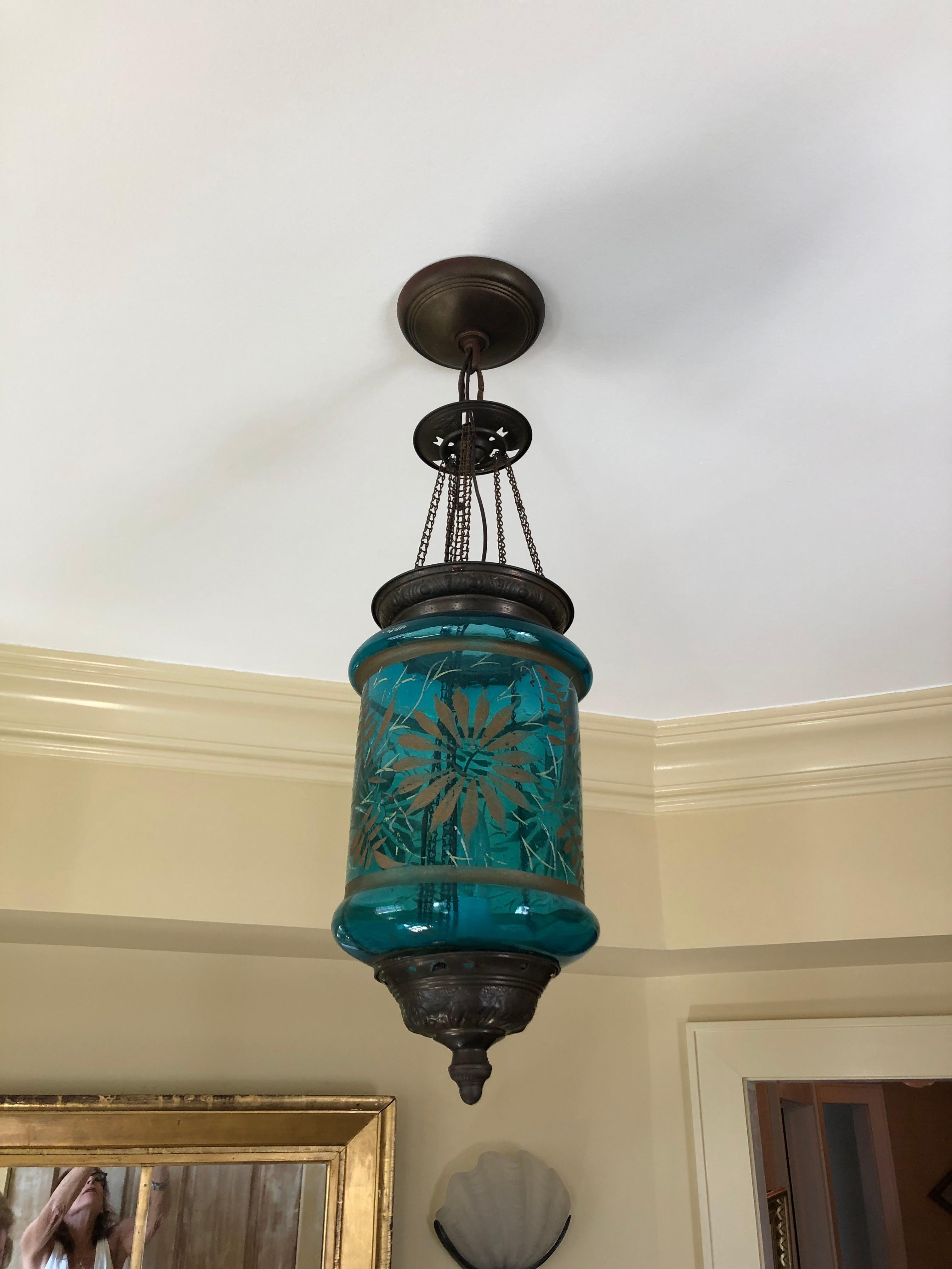Art Glass Beautiful Vintage Turquoise Etched Glass Cylindrical Lantern For Sale