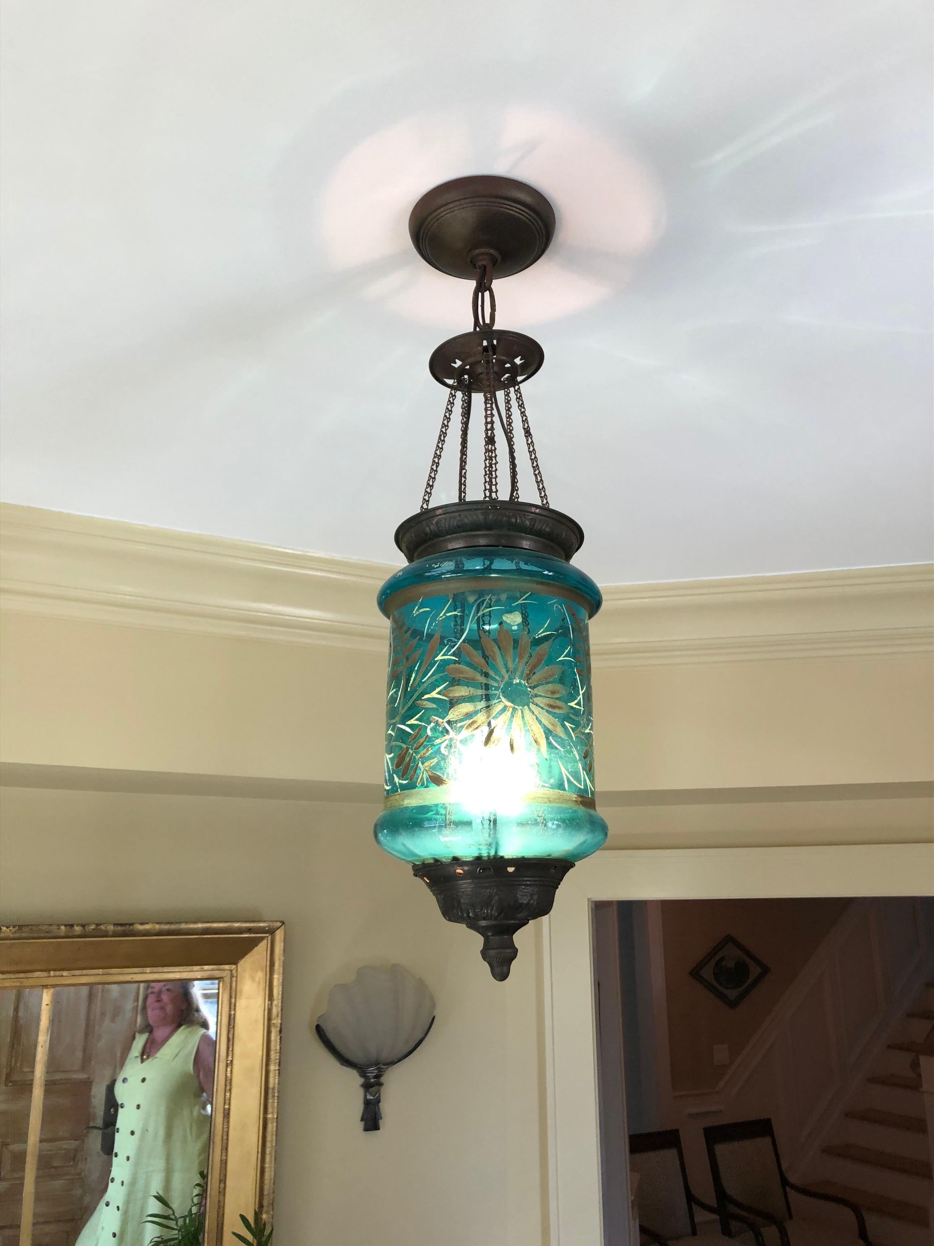 Beautiful Vintage Turquoise Etched Glass Cylindrical Lantern For Sale 1