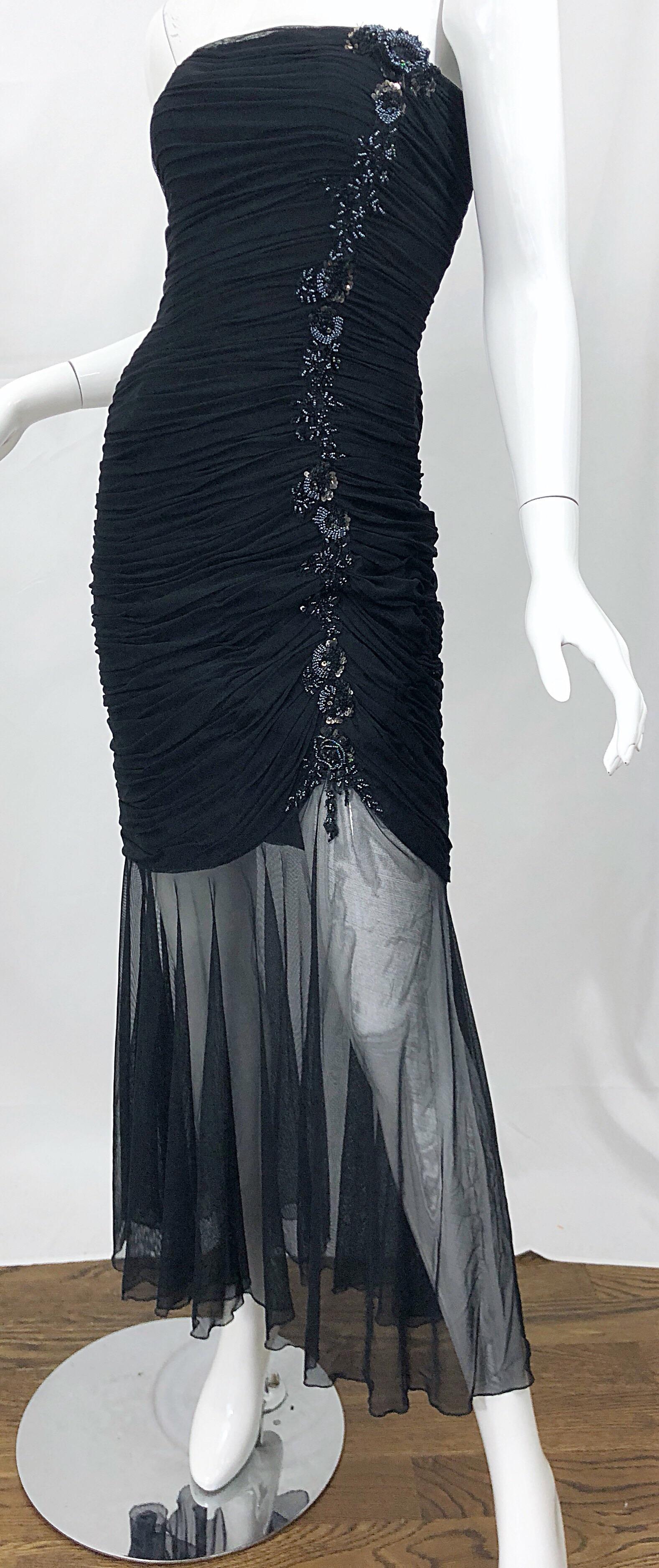 Beautiful Vintage Vicky Tiel Couture Black Strapless Hi - Lo Sequin Sheer Gown For Sale 7