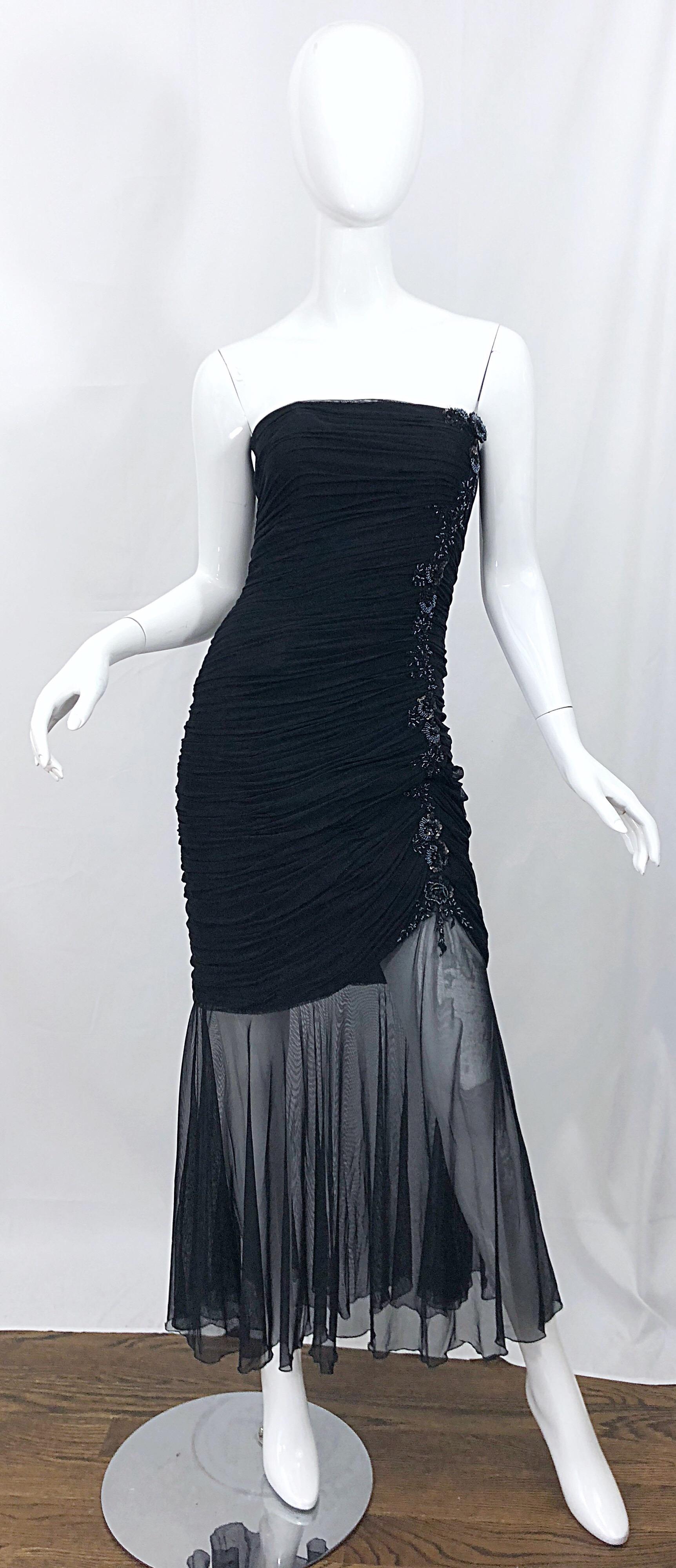 Beautiful Vintage Vicky Tiel Couture Black Strapless Hi - Lo Sequin Sheer Gown For Sale 8