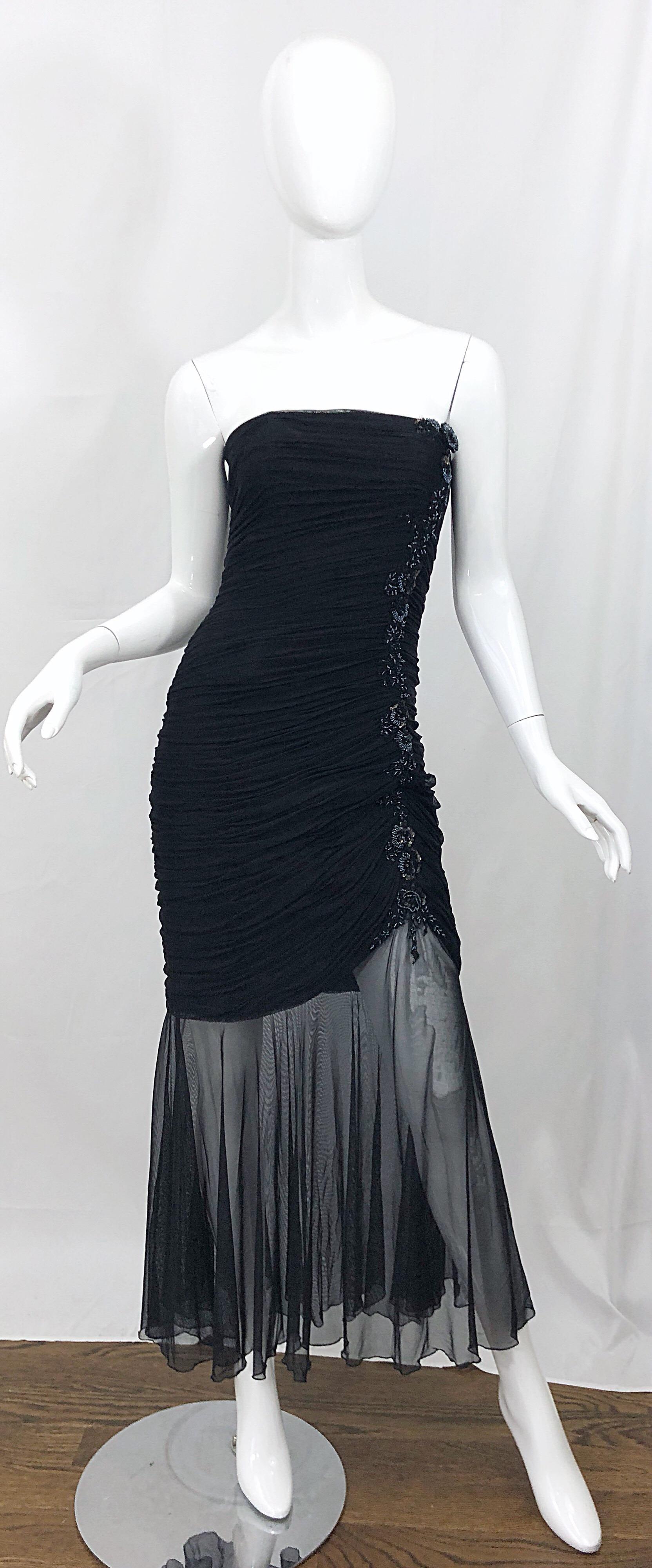Beautiful Vintage Vicky Tiel Couture Black Strapless Hi - Lo Sequin Sheer Gown For Sale 10