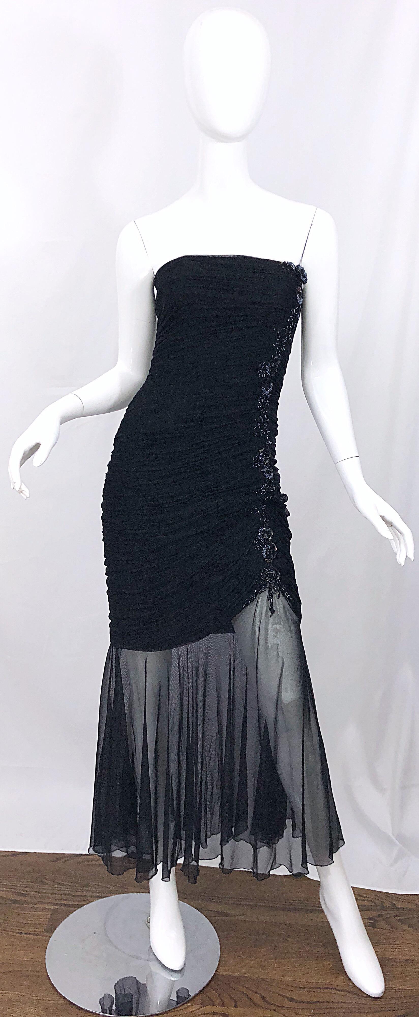 Beautiful vintage VICKY TIEL COUTURE for NEIMAN MARCUS black strapless hi-lo mesh sequin and beaded evening dress! Features signature flattering ruching with hundreds of sequins and beads hand-sewn up the left side. Sheer mesh overlay reveals just