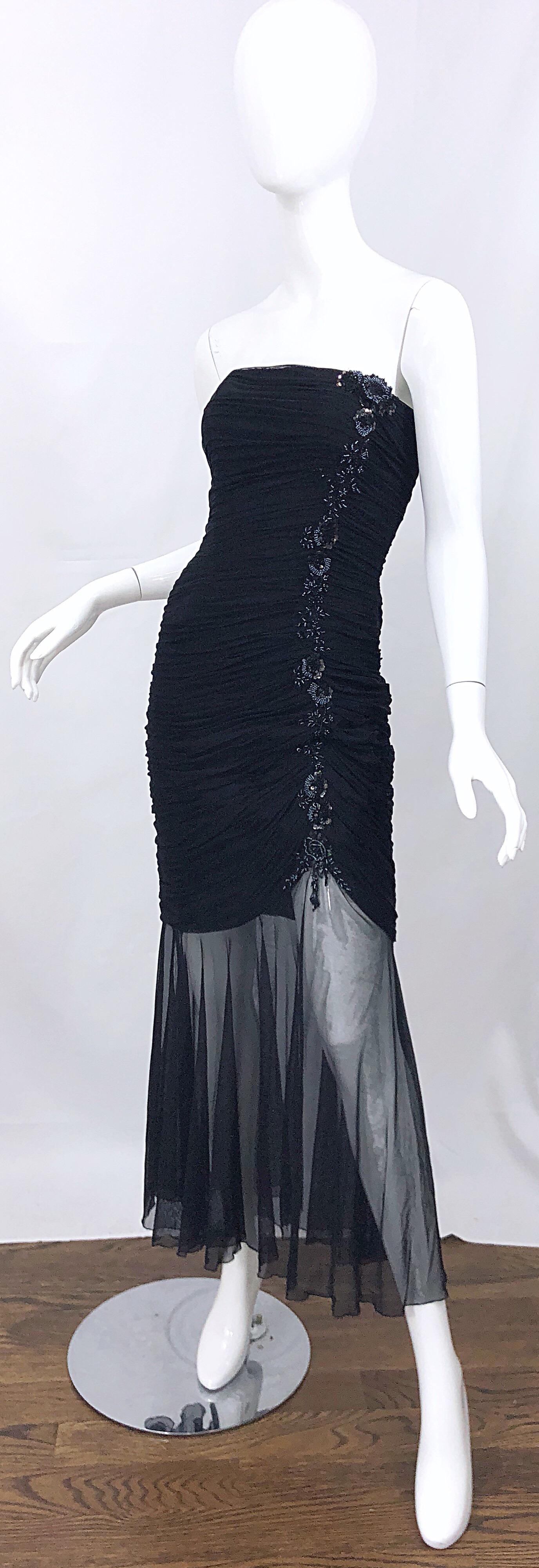 Beautiful Vintage Vicky Tiel Couture Black Strapless Hi - Lo Sequin Sheer Gown For Sale 1