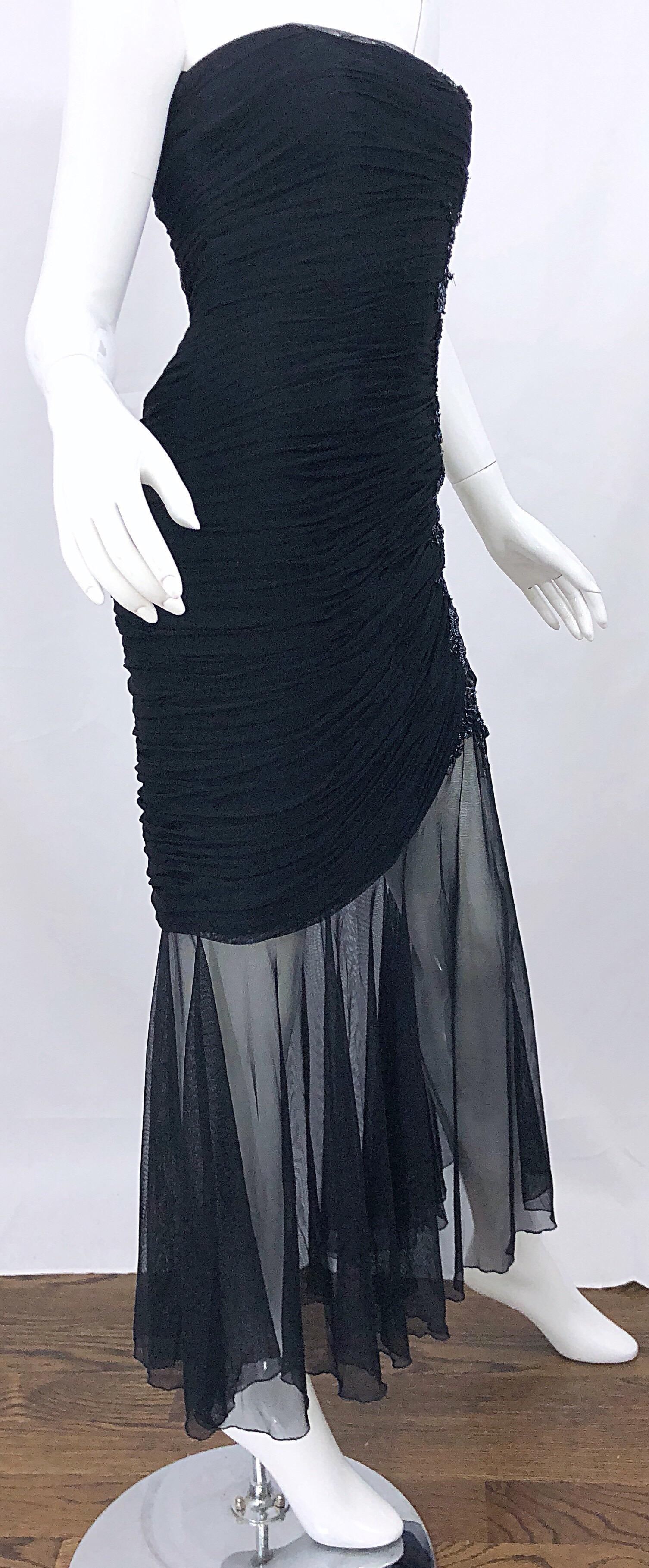 Beautiful Vintage Vicky Tiel Couture Black Strapless Hi - Lo Sequin Sheer Gown For Sale 2