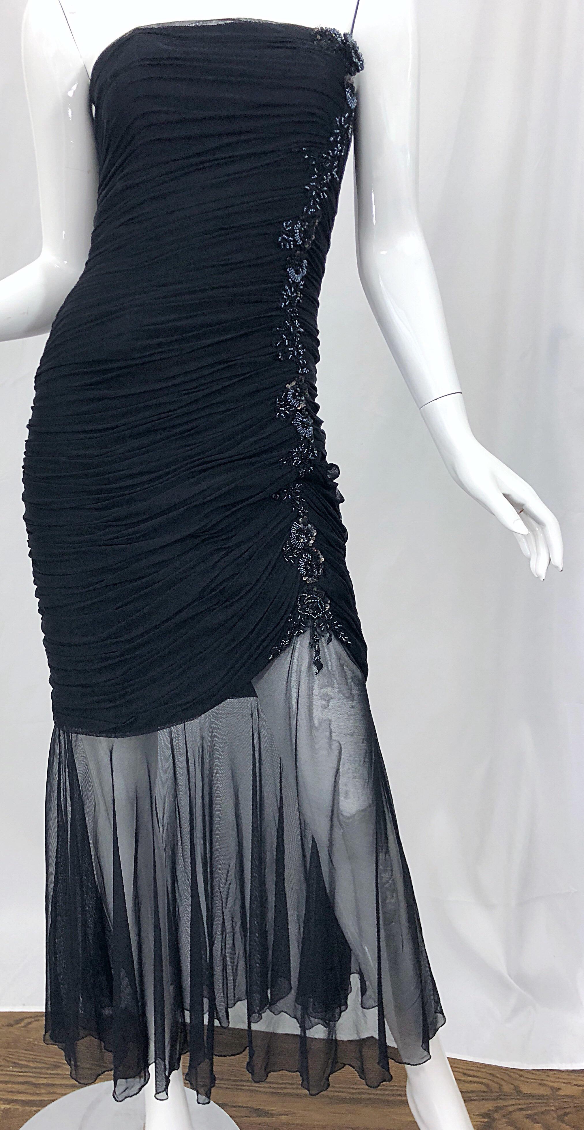 Beautiful Vintage Vicky Tiel Couture Black Strapless Hi - Lo Sequin Sheer Gown For Sale 4