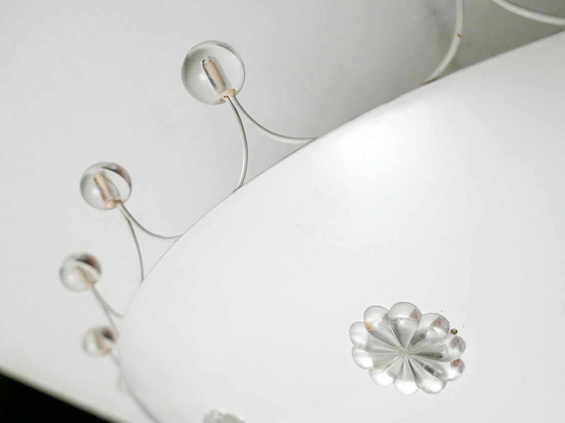 Mid-Century Modern Beautiful Vintage White Lacquered Metal and Glass Chandelier Flush Mount, 1960s