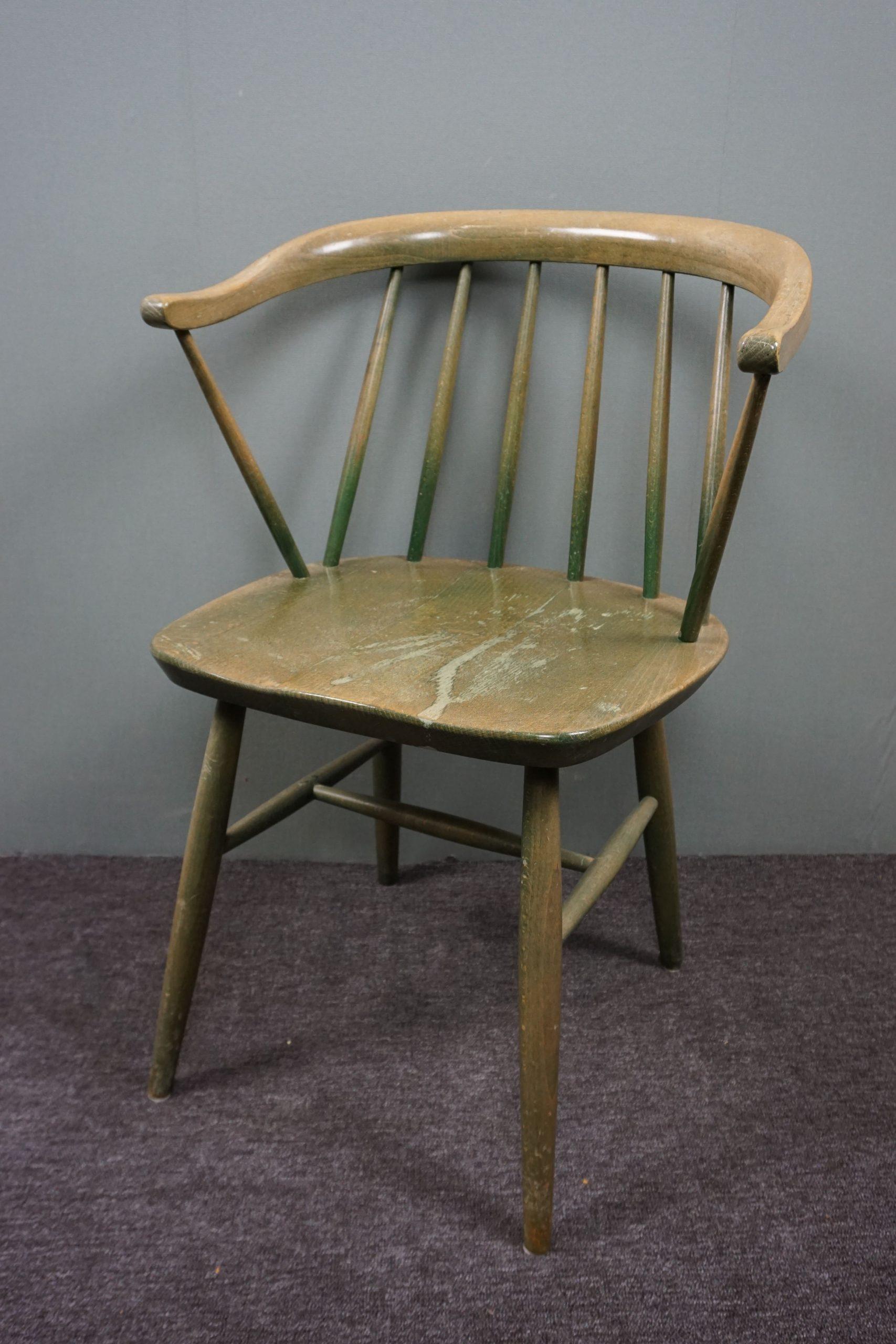 20th Century Beautiful vintage worn green spindle chair For Sale