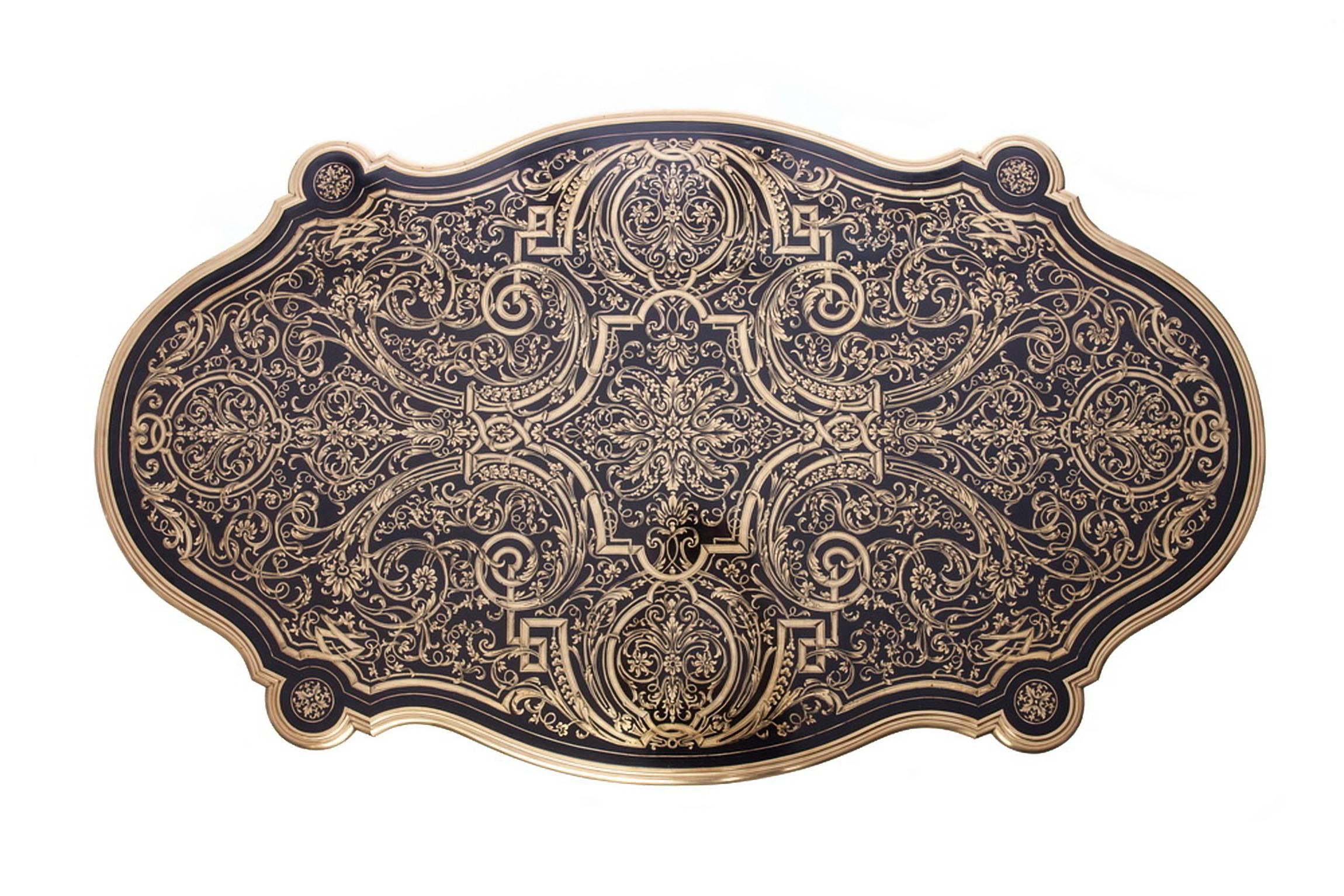 Carved Beautiful Violin Shaped Table with Refined Boulle Marquetry on Black Veneer For Sale