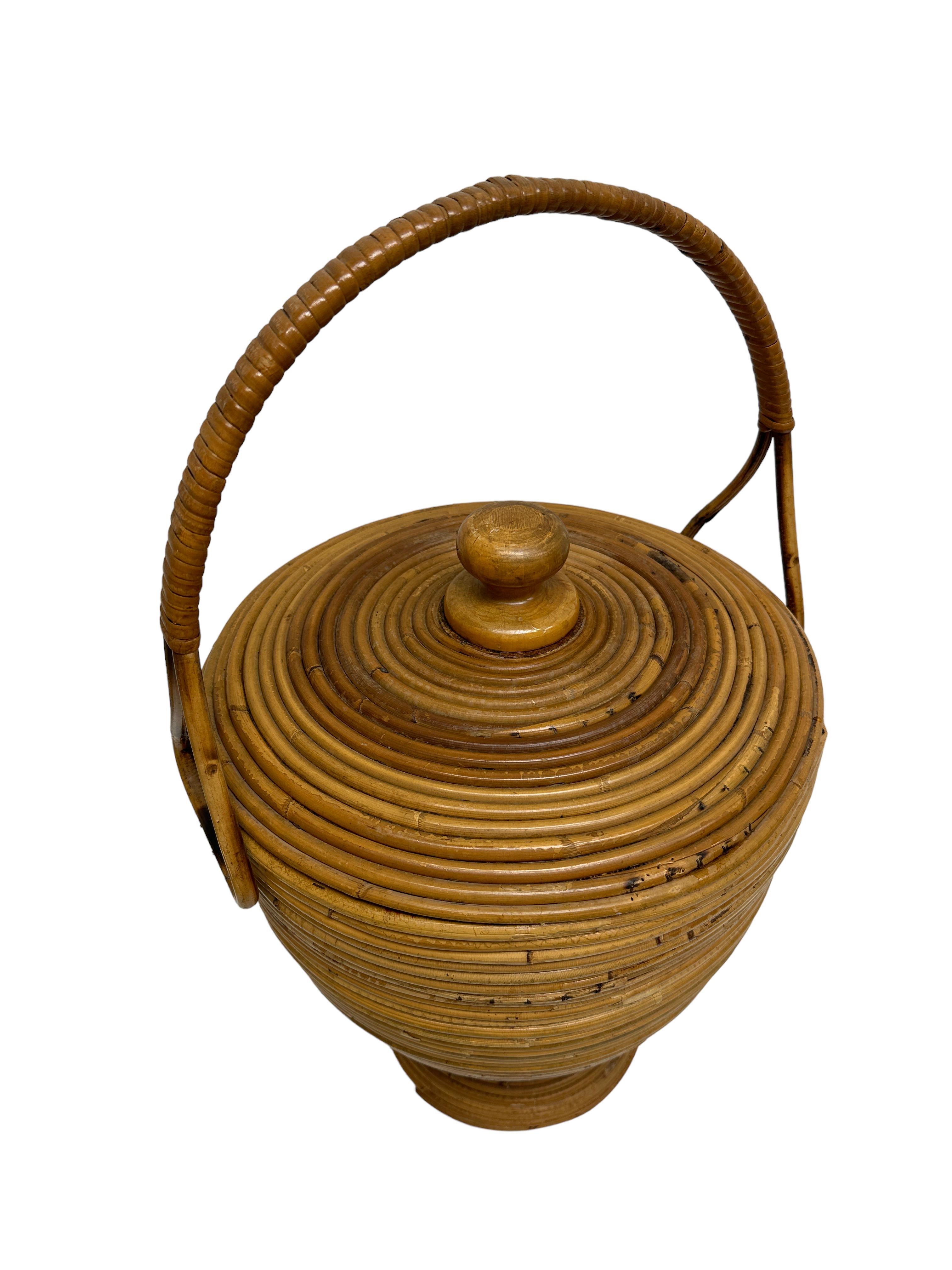 Late 20th Century Beautiful Vivai del Sud Bamboo Rattan Decorative Basket Catchall, 1970s, Italy For Sale