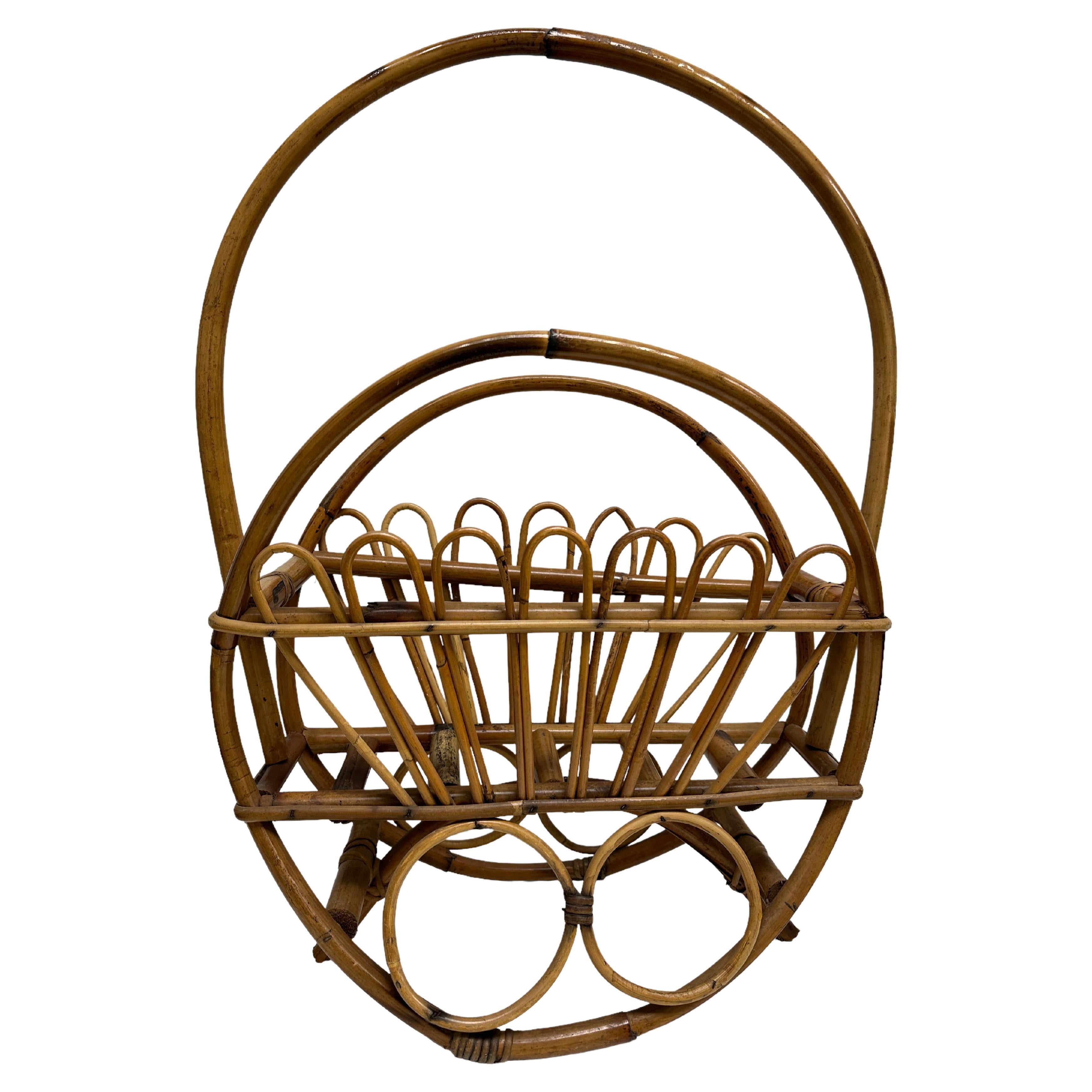 Beautiful Vivai del Sud Bamboo Wicker Magazine Rack Stand, 1970s, Italy