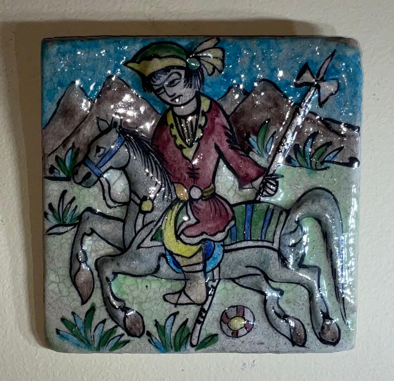 Hand painted and glazed Persian tile, of ancient polo player on horse.
Beautiful object of art for wall hanging.