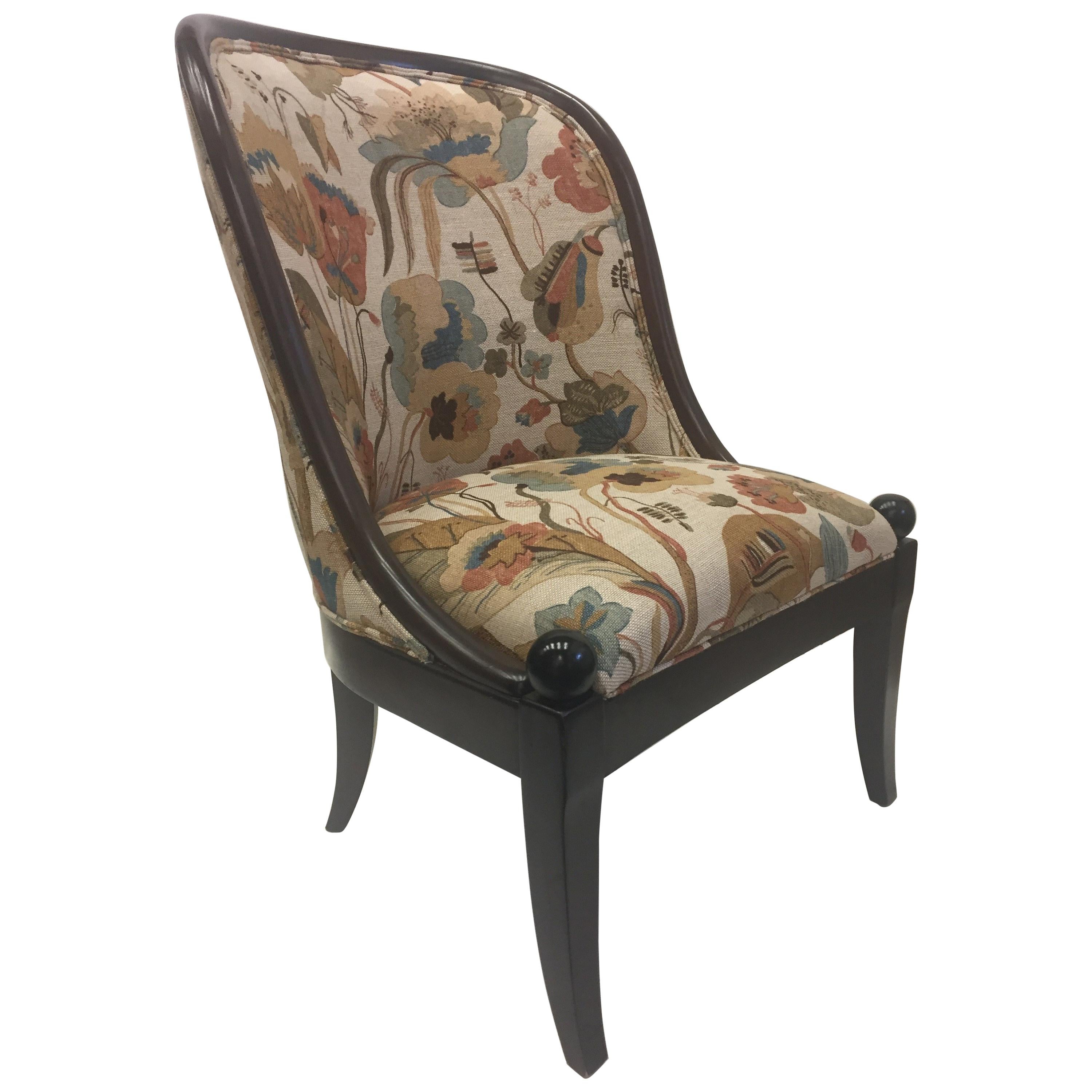 Beautiful Walnut and Tapestry Curved Club Chair by Baker