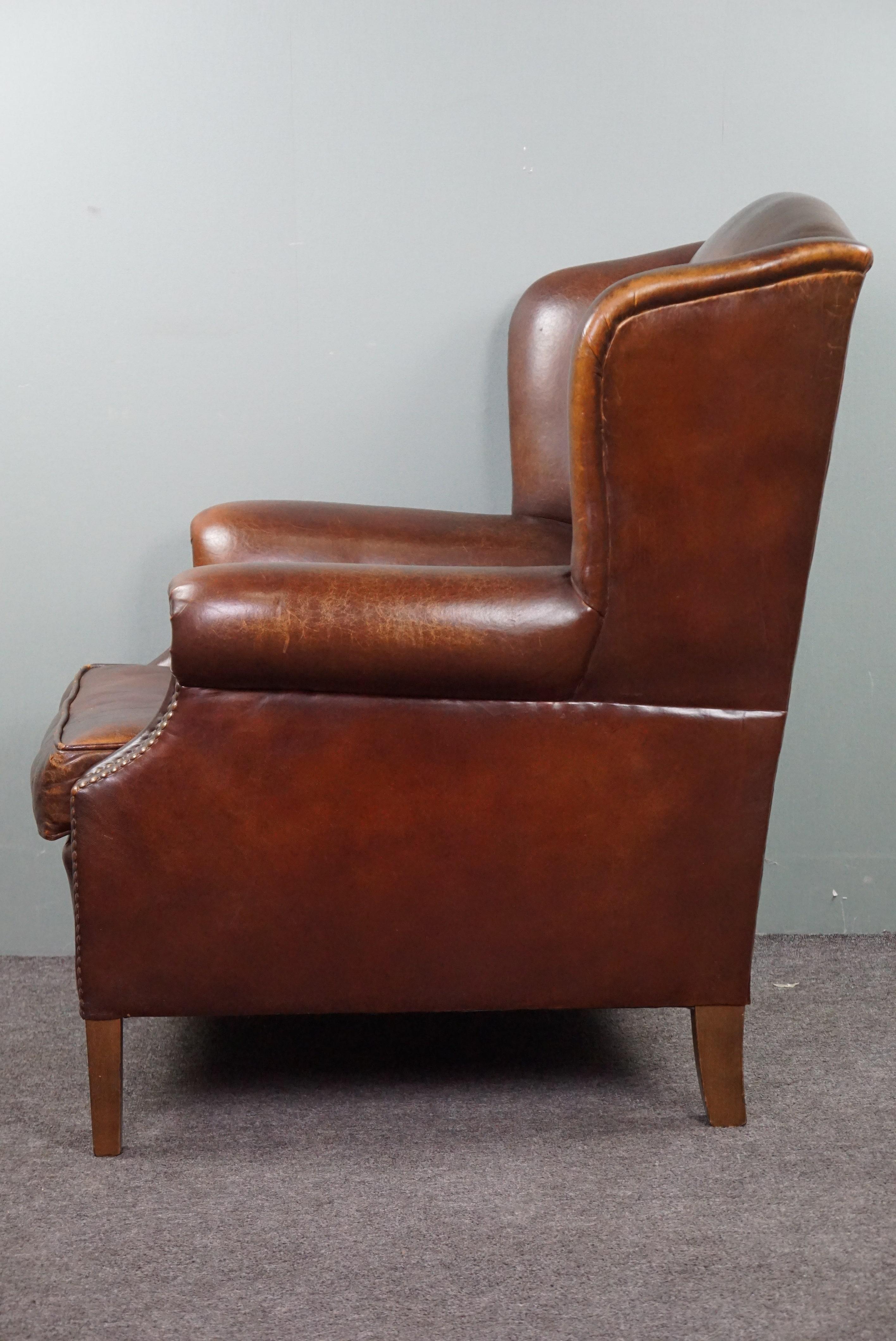 Leather Beautiful warm-colored sheep leather wing chair For Sale
