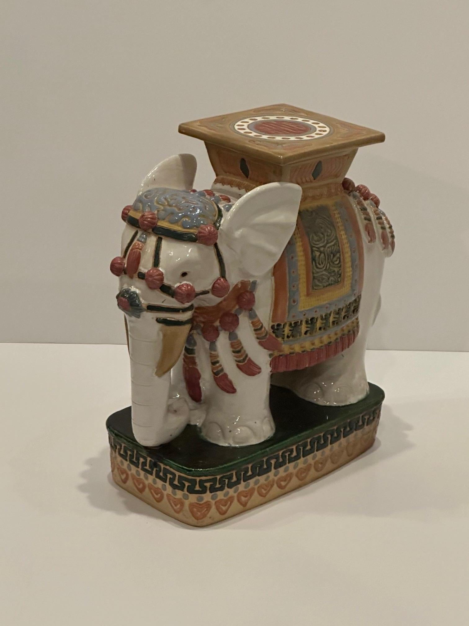 Beautiful White Glazed Terracotta Elephant Table with Colorful Details In Good Condition In Hopewell, NJ