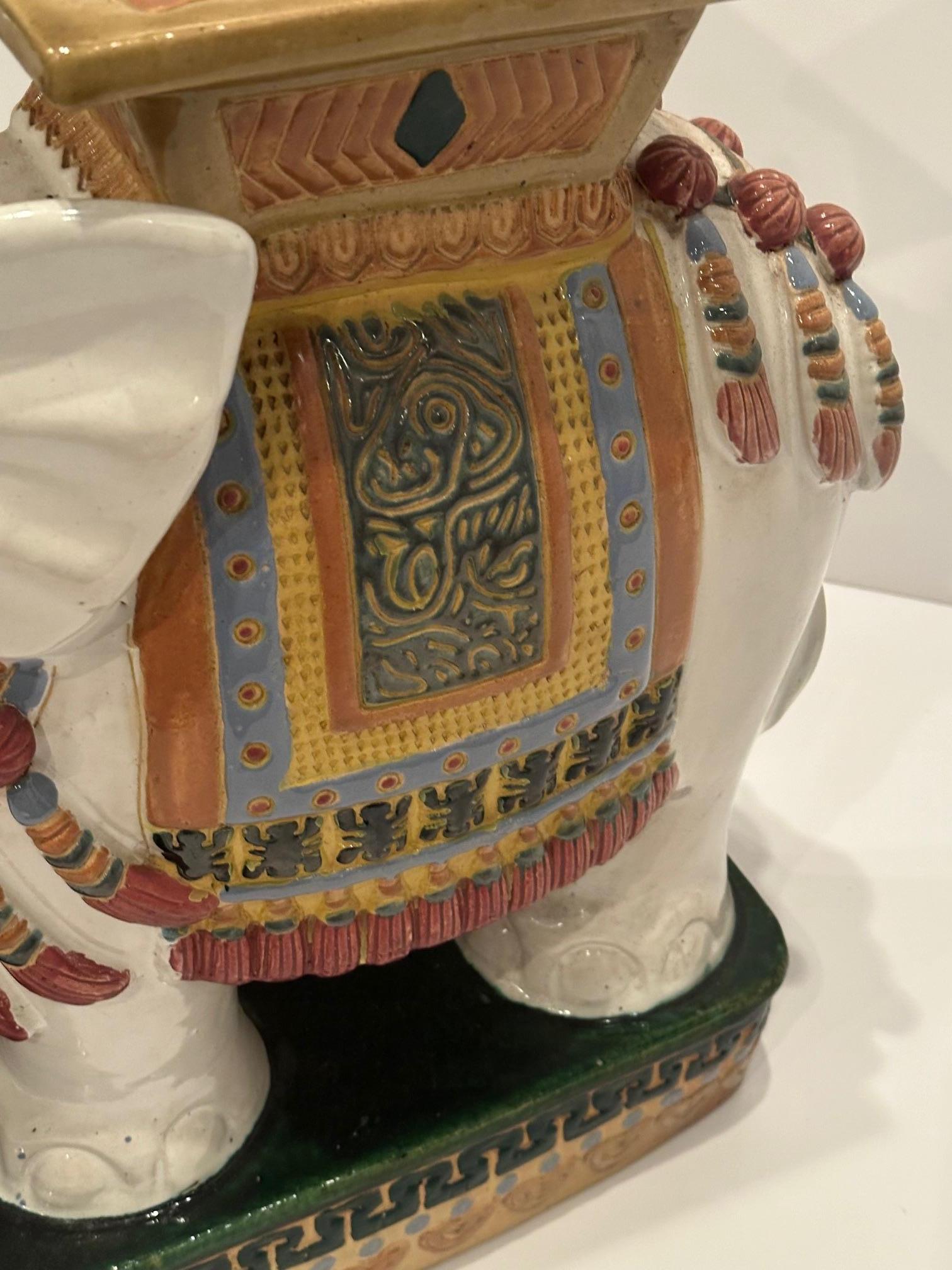 Mid-20th Century Beautiful White Glazed Terracotta Elephant Table with Colorful Details