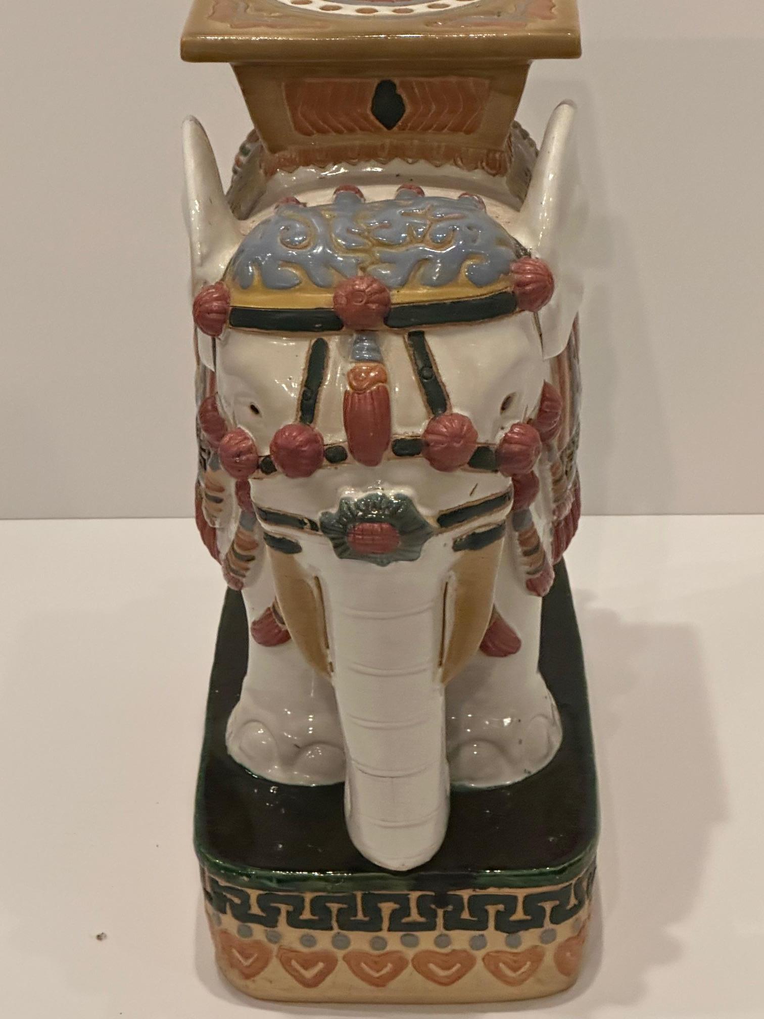 Beautiful White Glazed Terracotta Elephant Table with Colorful Details 1