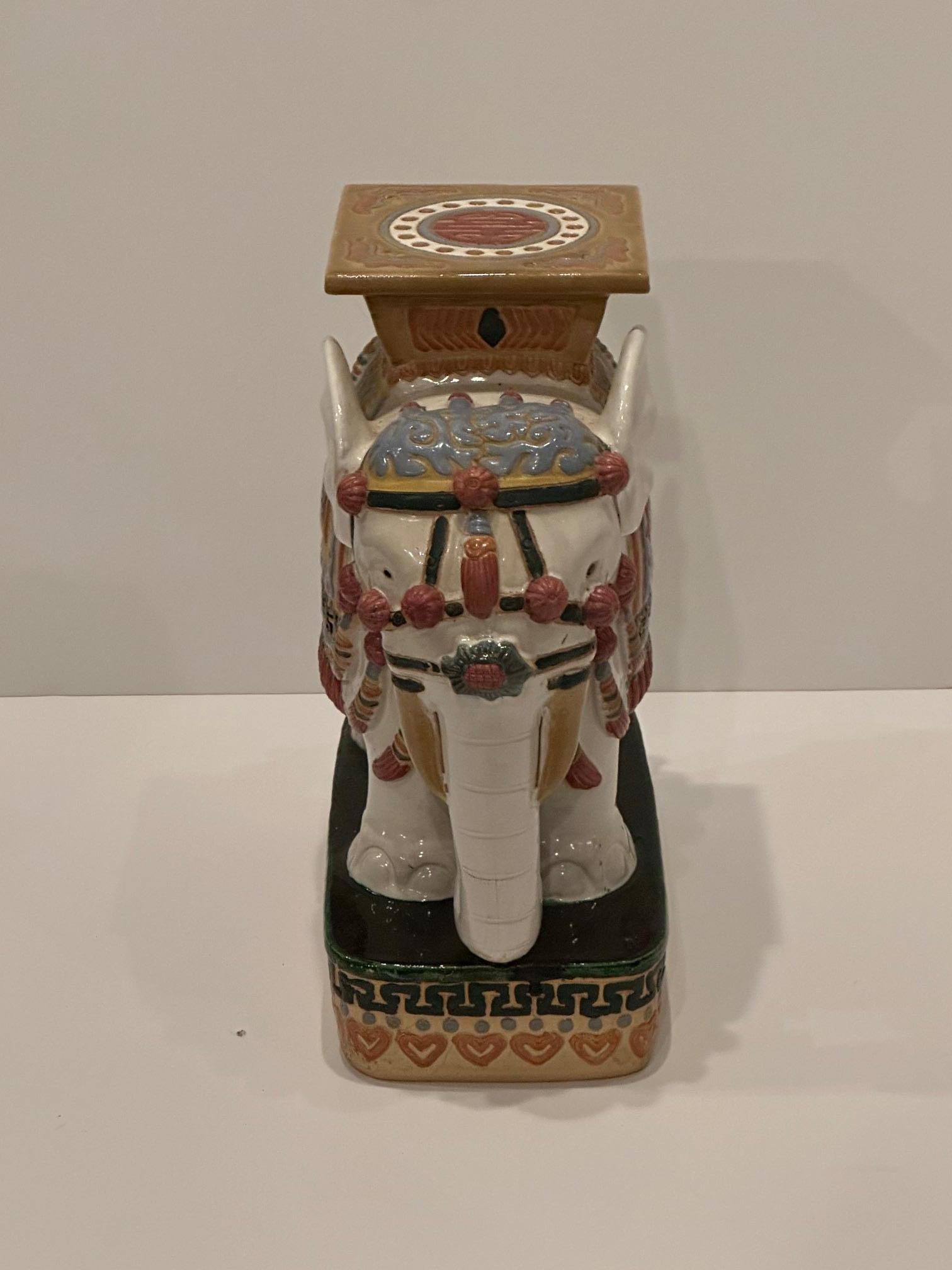 Beautiful White Glazed Terracotta Elephant Table with Colorful Details 2