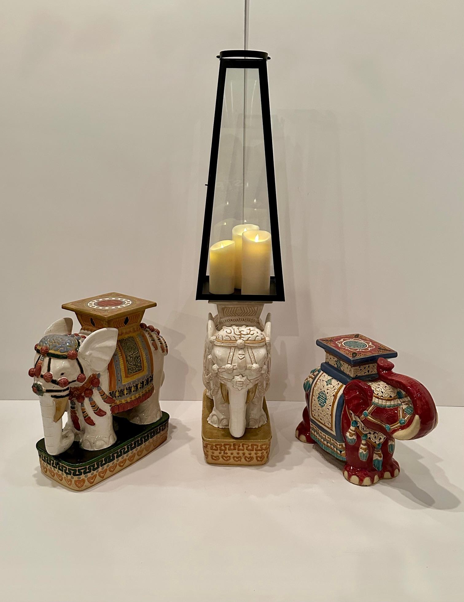 Beautiful White Glazed Terracotta Elephant Table with Colorful Details 4