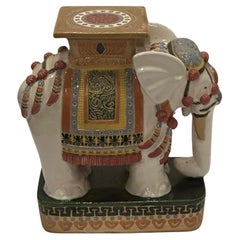 Beautiful White Glazed Terracotta Elephant Table with Colorful Details
