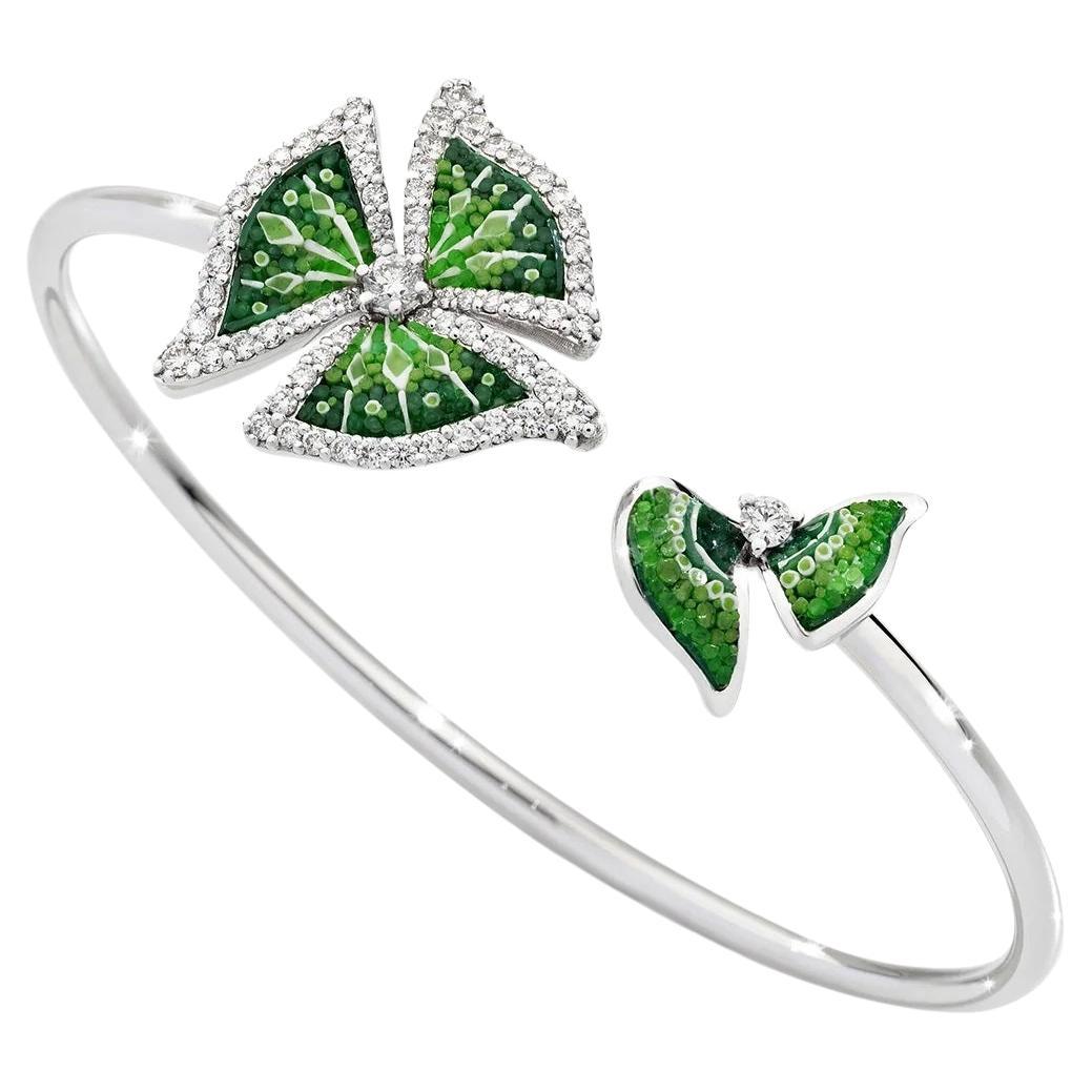 Beautiful White Gold Bangle with Hand Decorated Micromosaic and White Diamonds