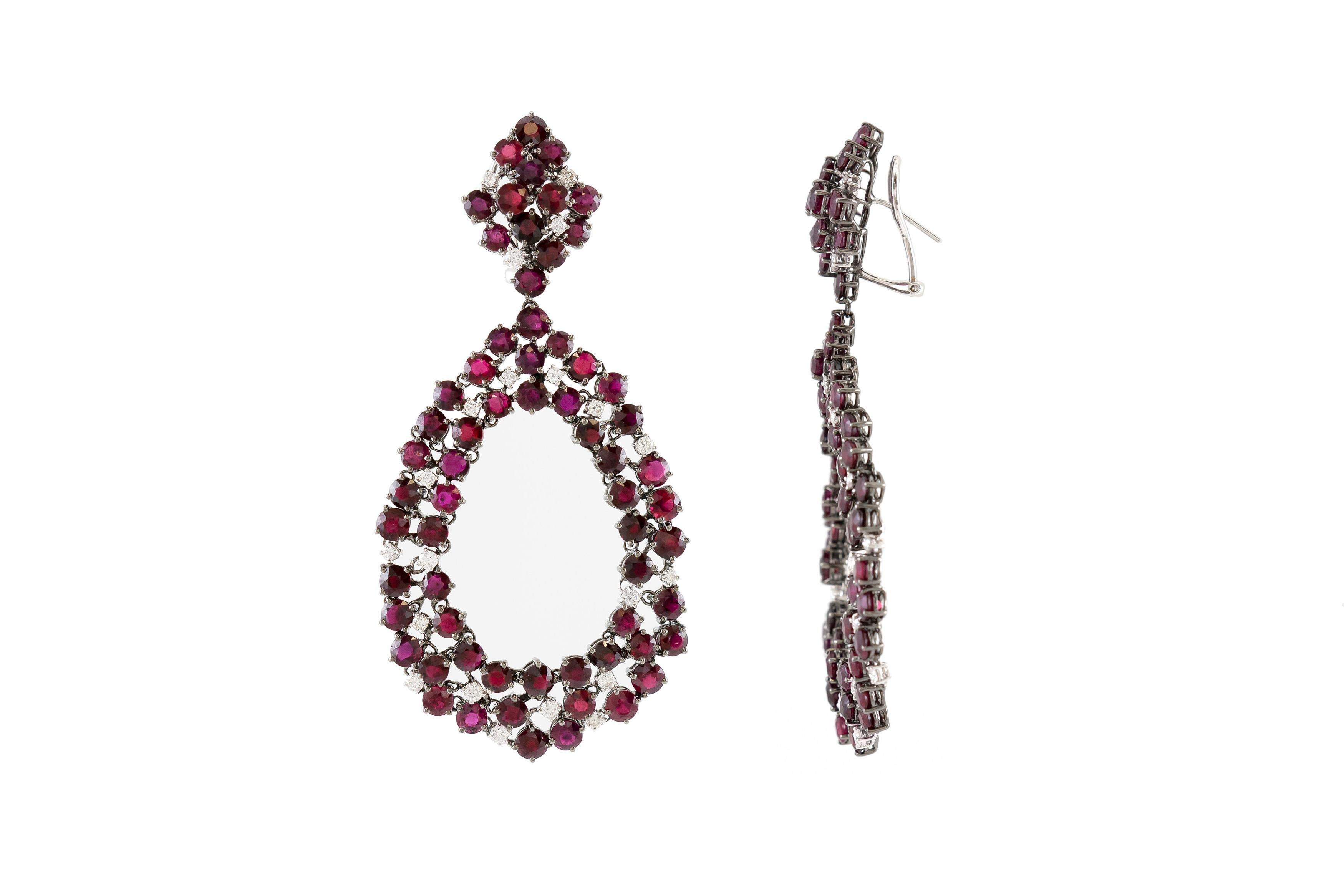 Round Cut Beautiful White Gold Drop Ruby and Diamond Earrings