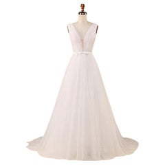 Beautiful white tulle lace polka dot lace up wedding dress gown with satin bag