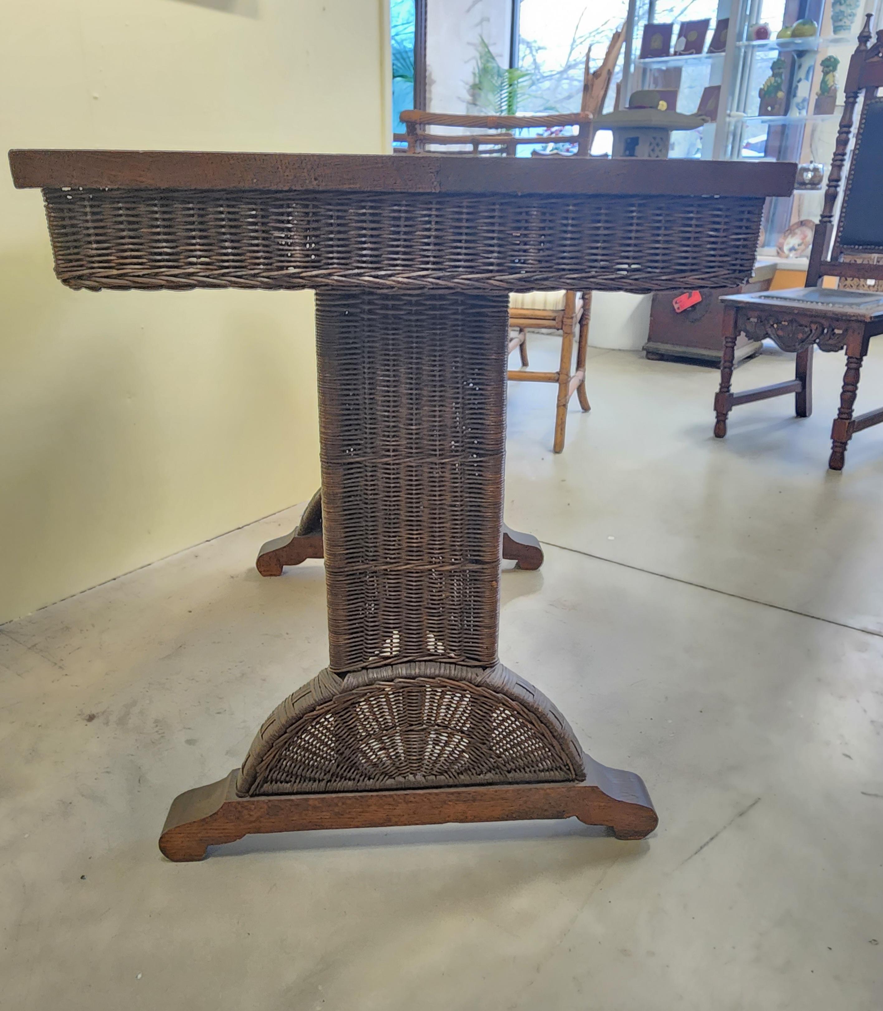 Beautiful Architectural Wicker Table with Quartersawn Oak Top 3
