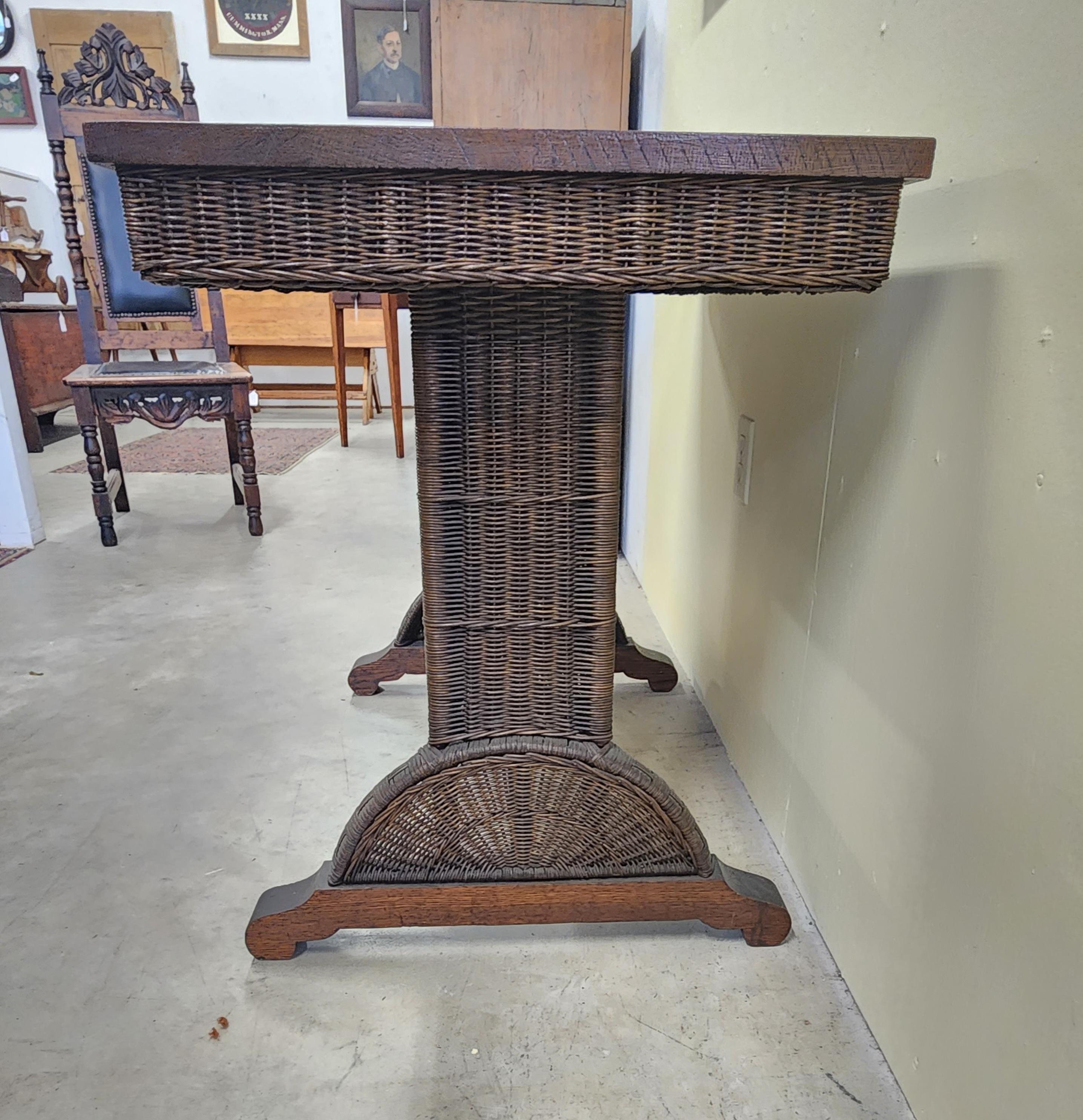 Beautiful Architectural Wicker Table with Quartersawn Oak Top 4