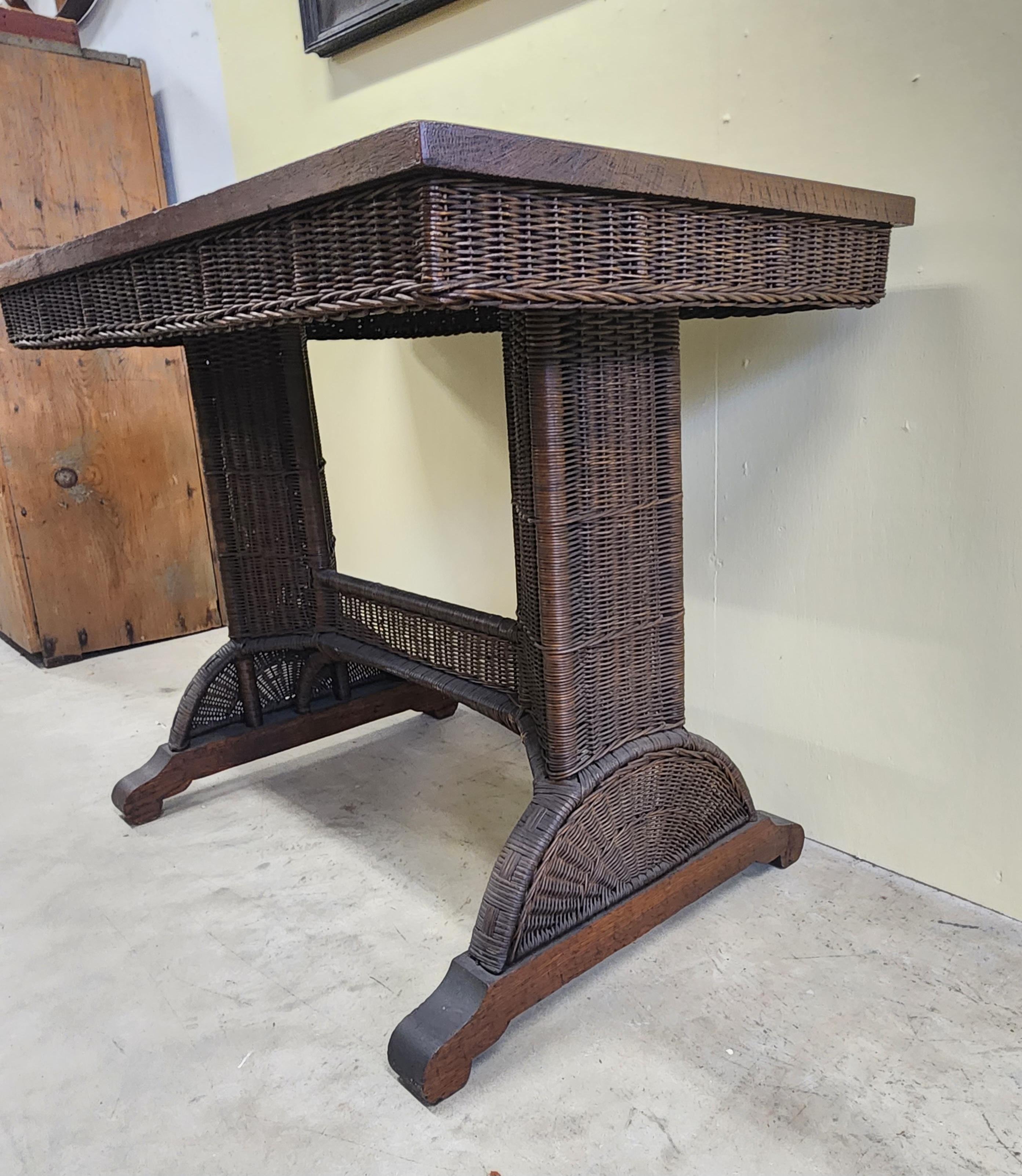 Beautiful Architectural Wicker Table with Quartersawn Oak Top 5