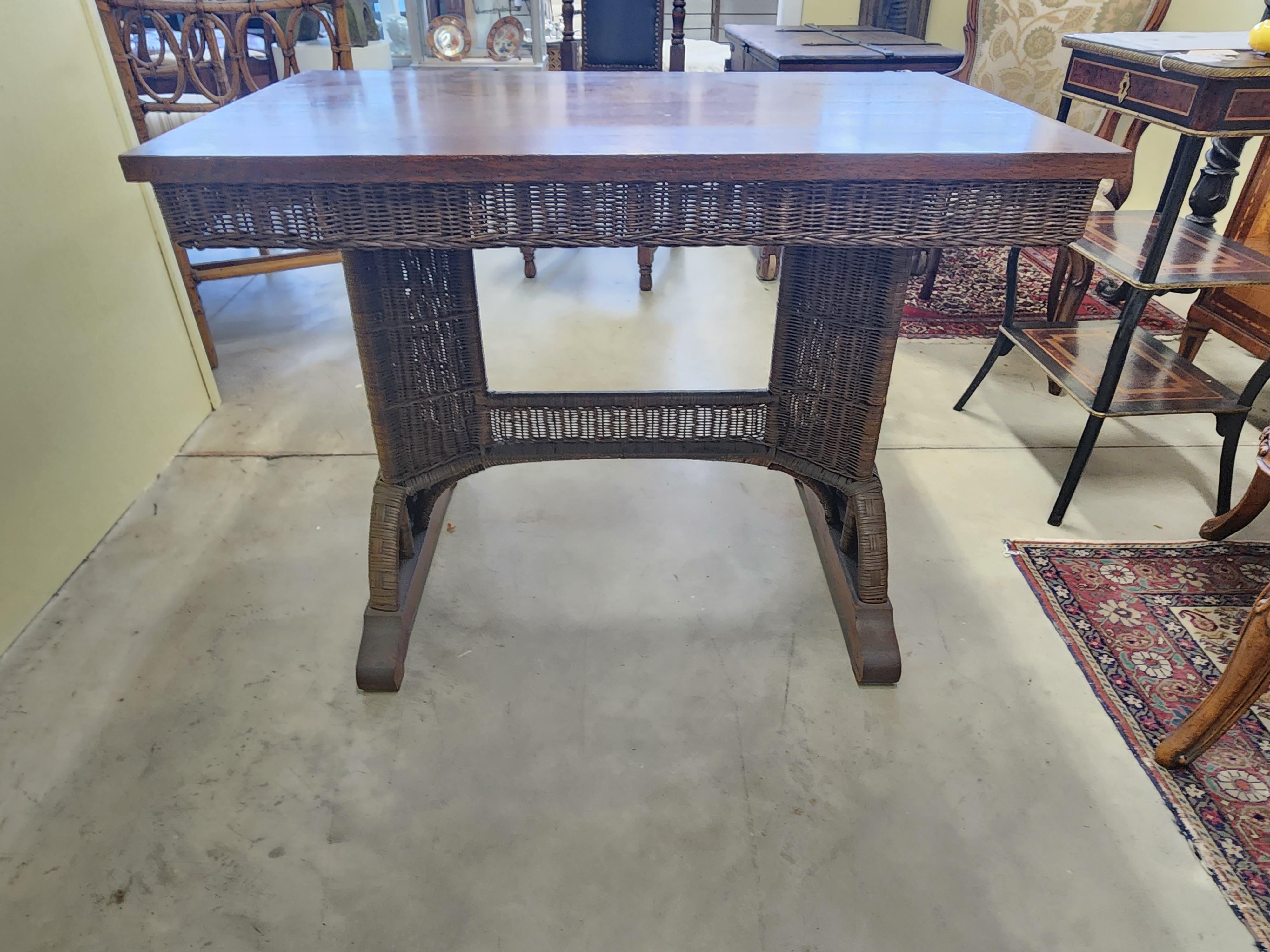 Hand-Crafted Beautiful Architectural Wicker Table with Quartersawn Oak Top