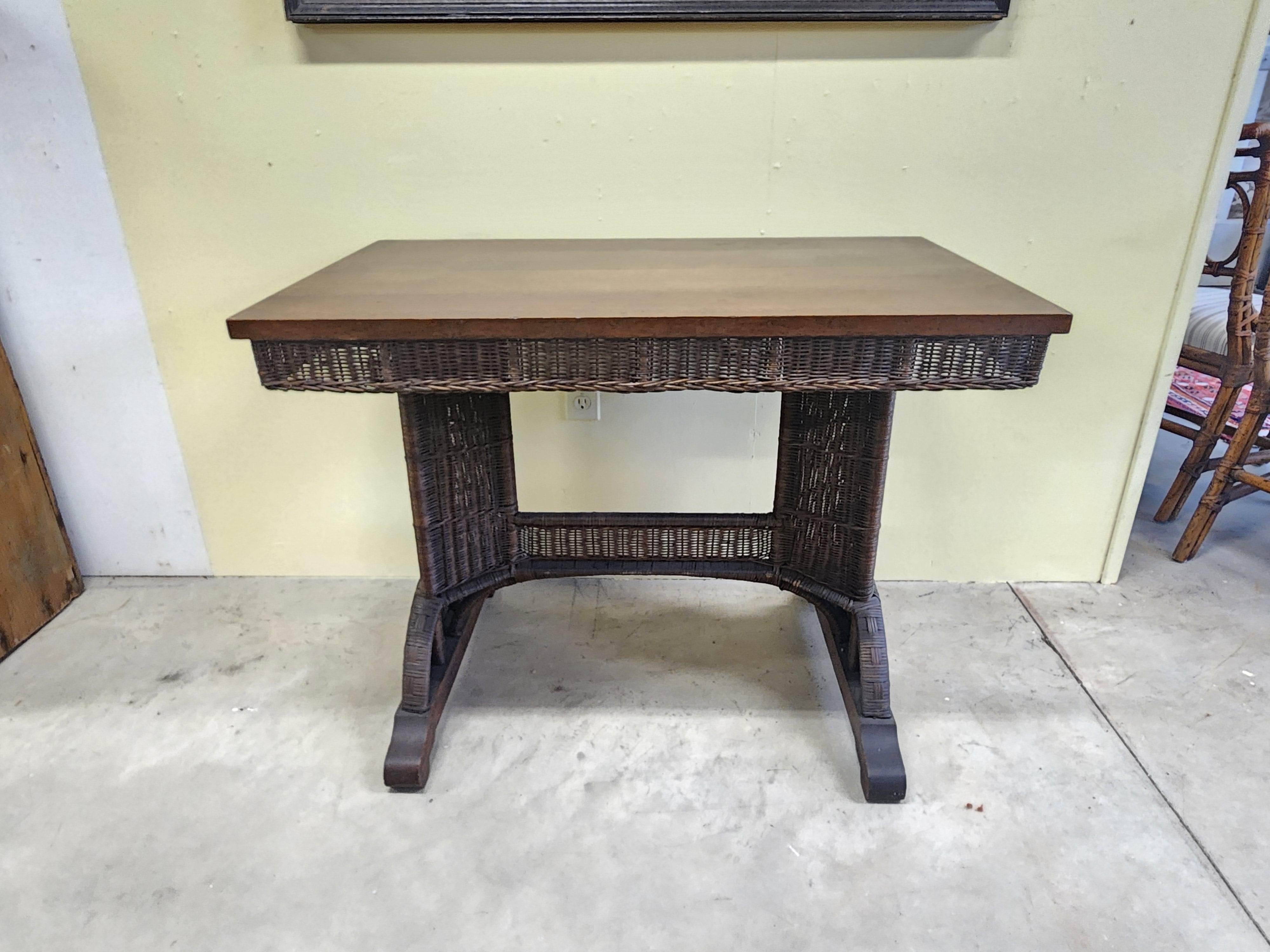 19th Century Beautiful Architectural Wicker Table with Quartersawn Oak Top