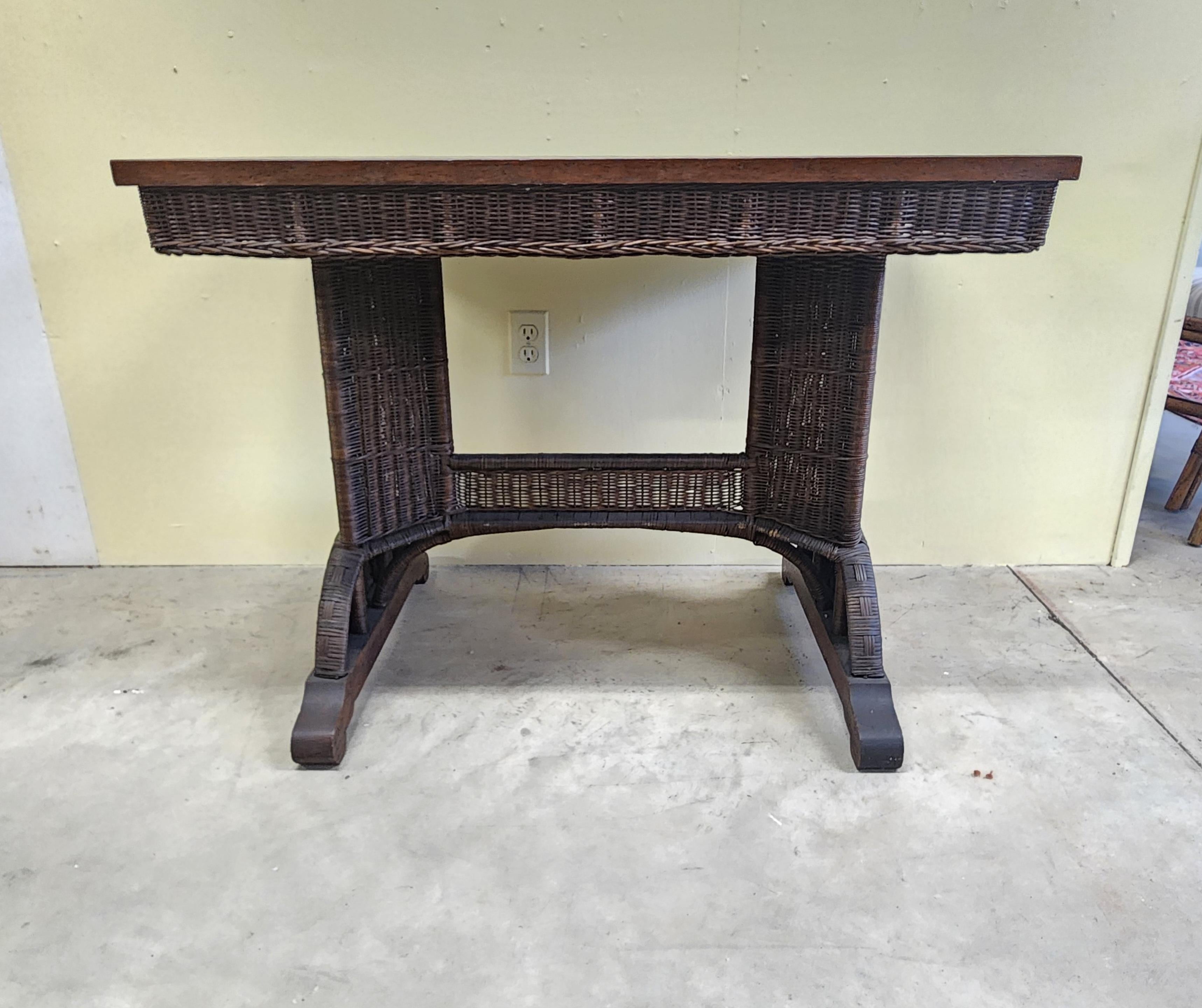 Beautiful Architectural Wicker Table with Quartersawn Oak Top 2