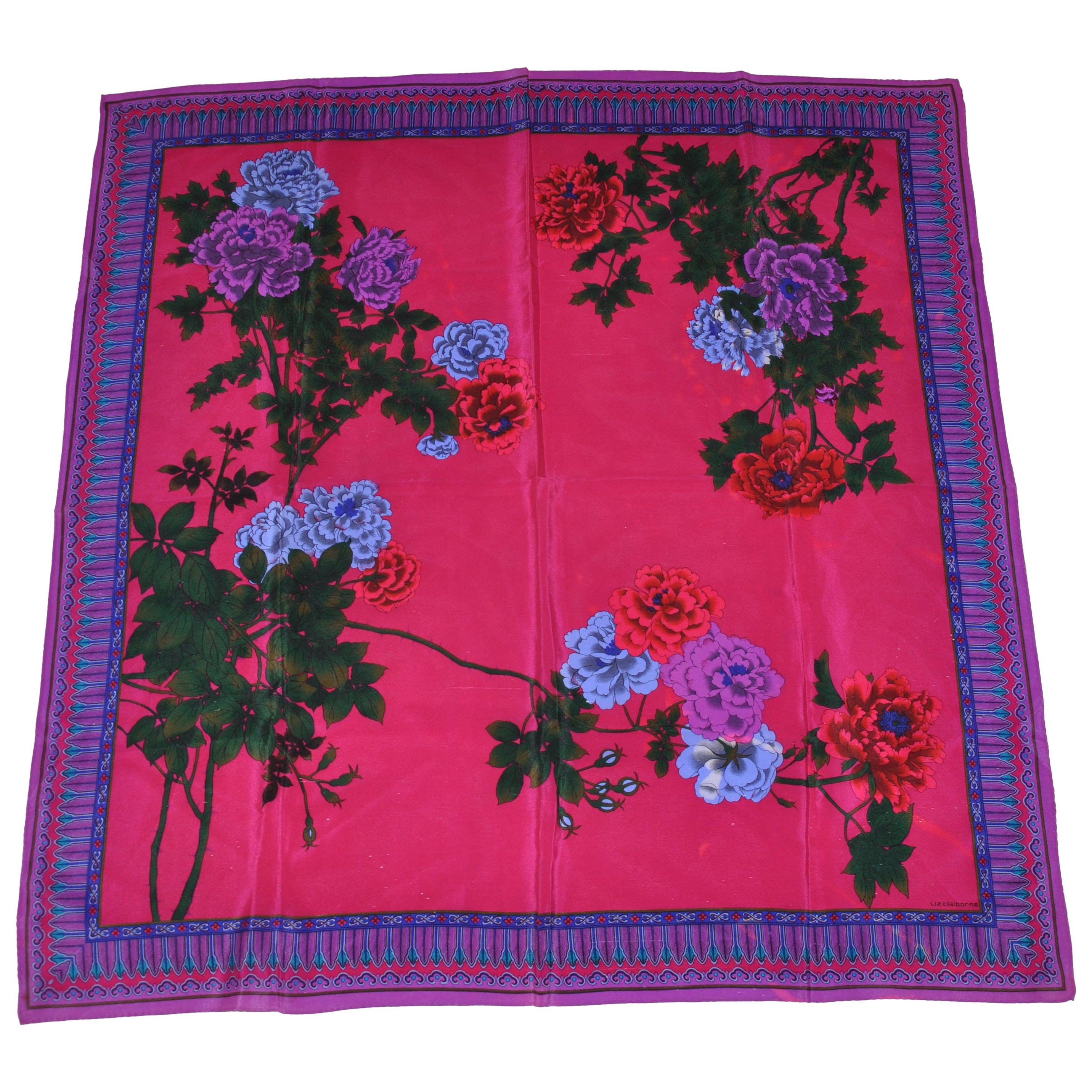 Beautiful Winter Florals With Multi "Feathers Borders" Silk Scarf