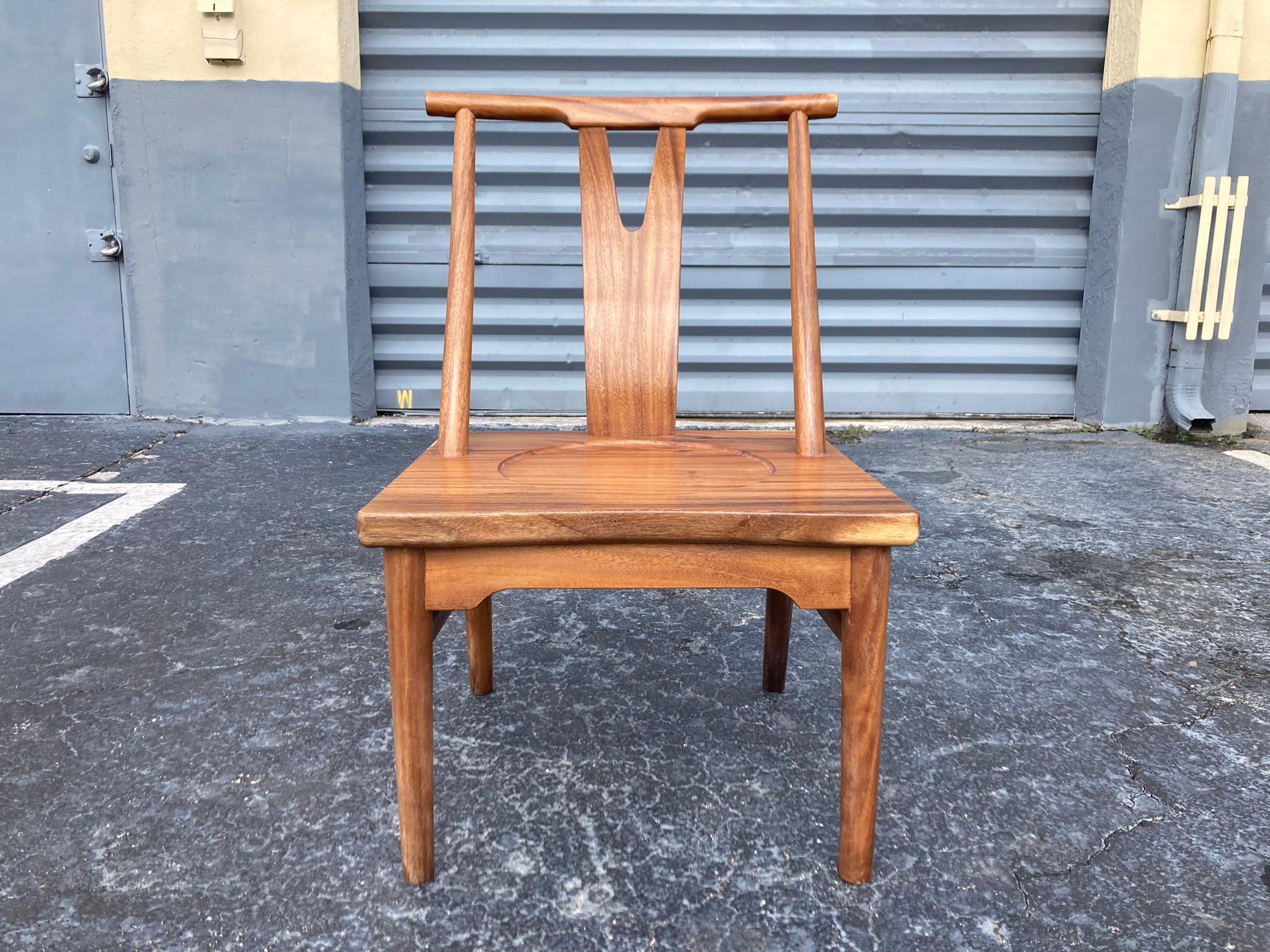 Great set of six dining chairs in the style of George Nakashima. Very well built. Ready for a new home.
Back has a width of 23.50” and seat 22.75”.