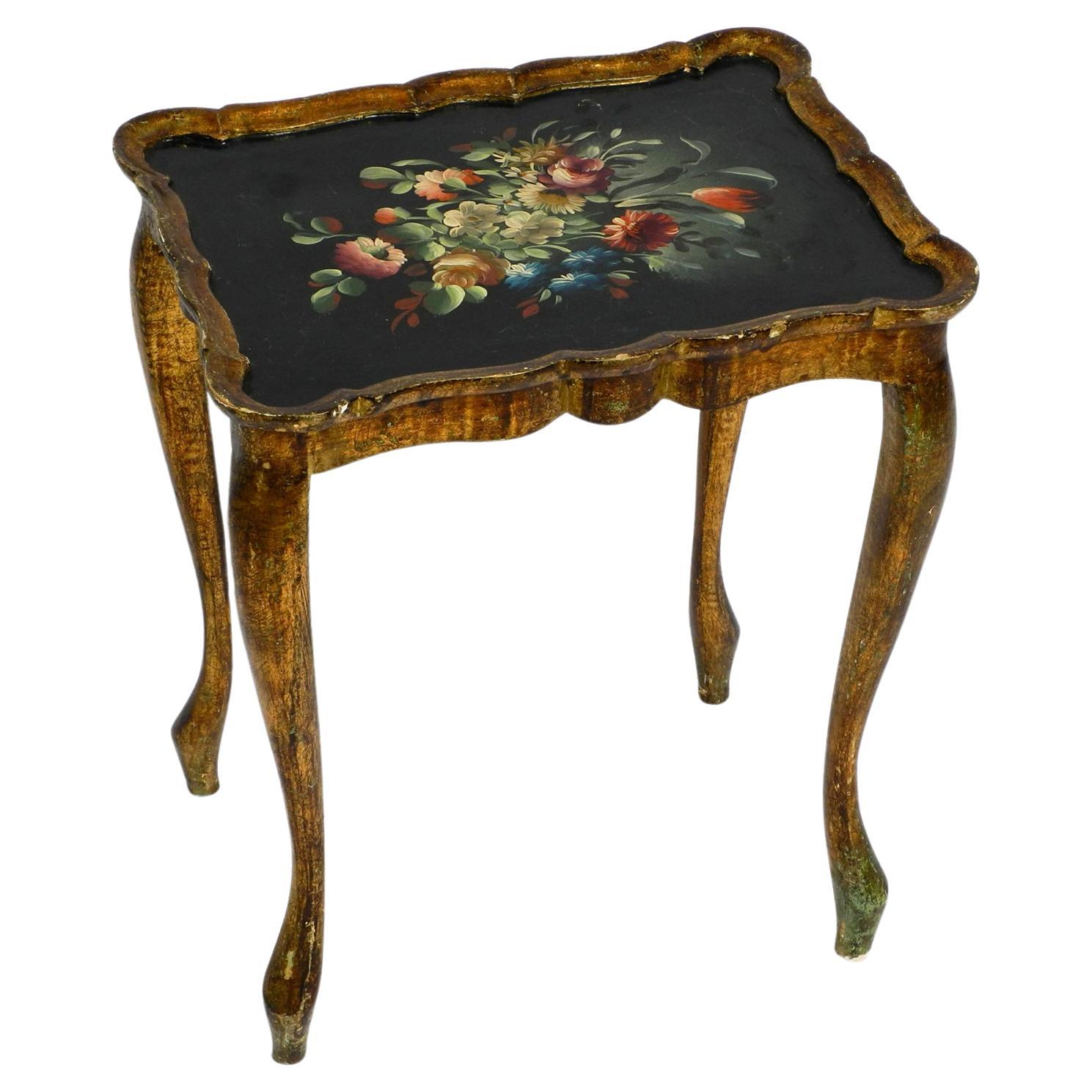 Beautiful Wooden Side Table from 1900s Gilded Frame and Hand-Painted Surface For Sale