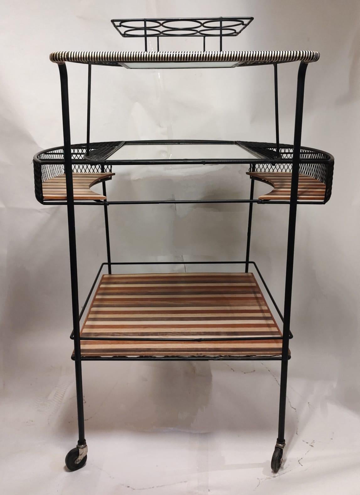 Welded Beautiful Wrought Iron Bar Cart with Original Set of Ceramic Bottles and Glasses For Sale
