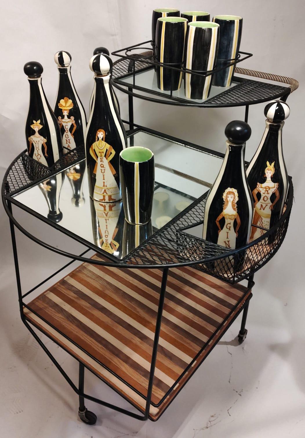 20th Century Beautiful Wrought Iron Bar Cart with Original Set of Ceramic Bottles and Glasses For Sale
