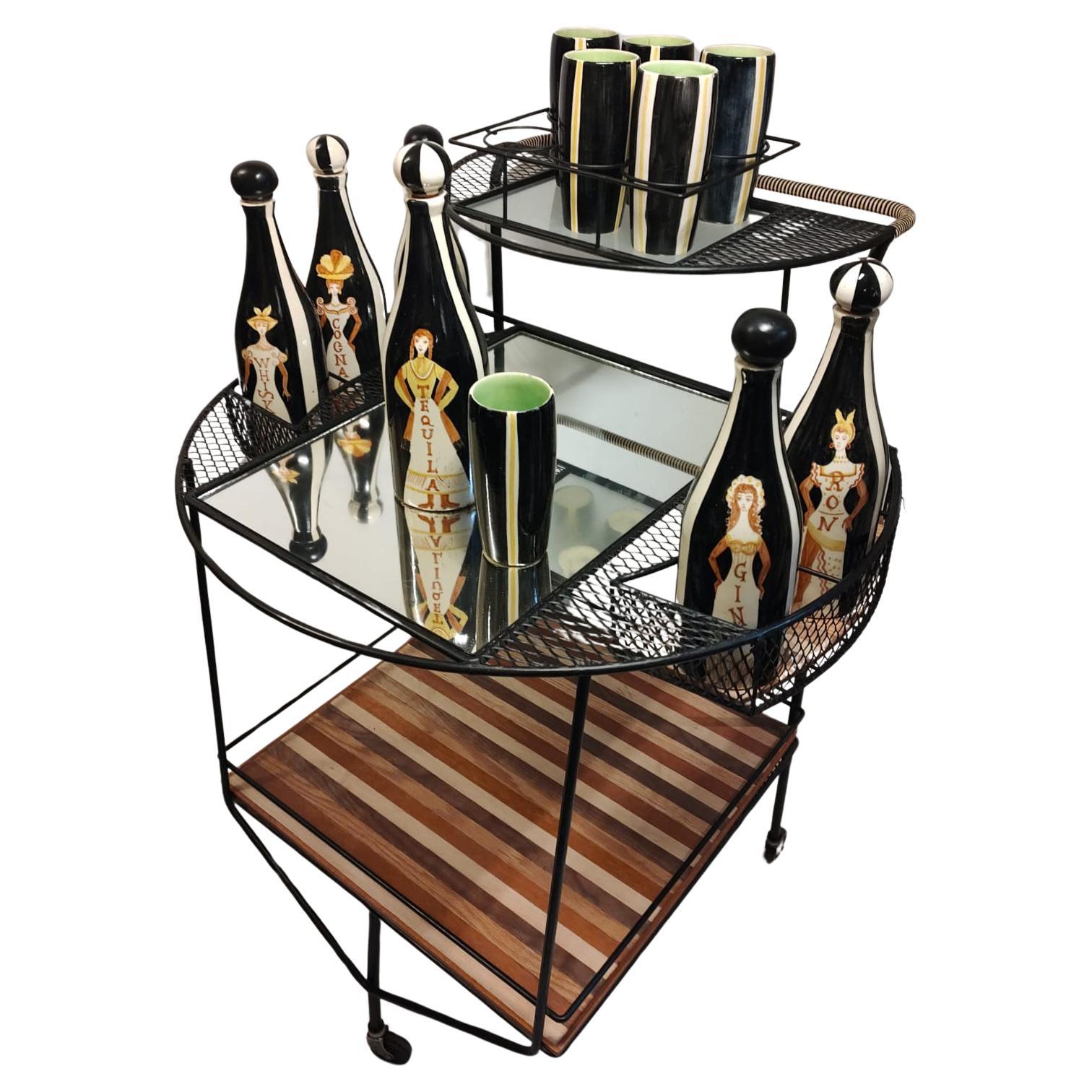 Beautiful Wrought Iron Bar Cart with Original Set of Ceramic Bottles and Glasses For Sale 1