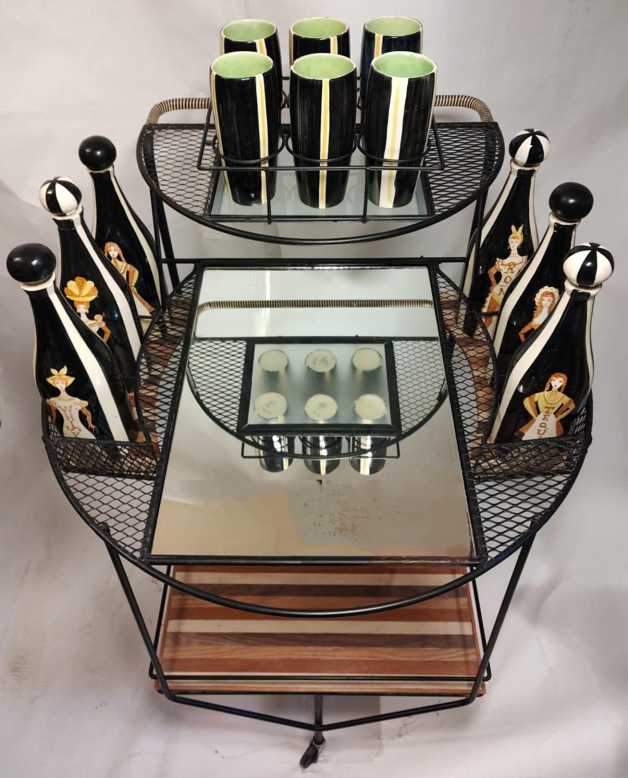Beautiful Wrought Iron Bar Cart with Original Set of Ceramic Bottles and Glasses For Sale 2