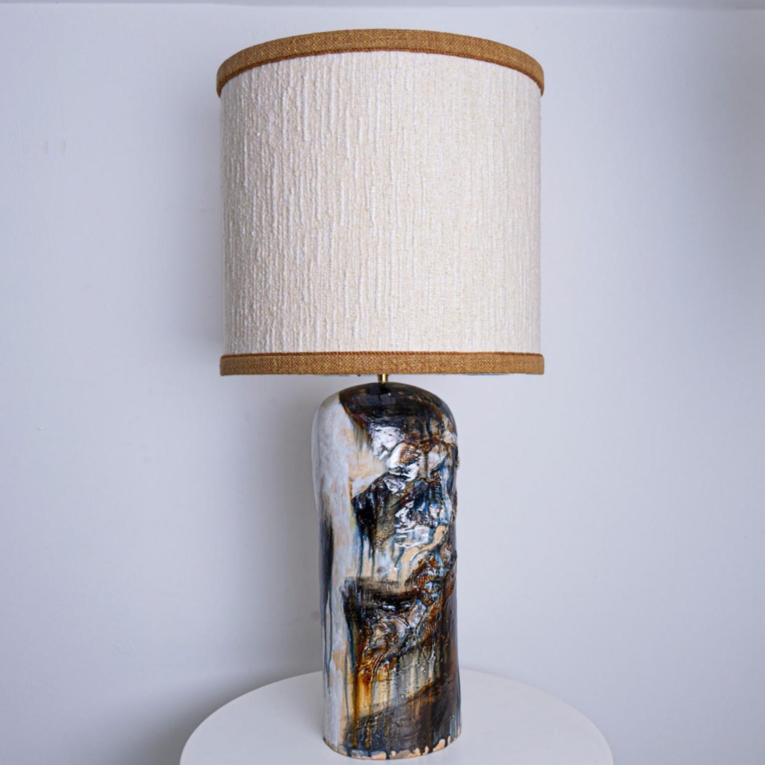 Beautiful Extra Large floor table lamp by Jeppe Hagendorn, Denmark 1960s.

This stunning lamp has a ceramic base with earthy and blue tones and a beautiful glaze, making it a real eye catcher and a statement piece. The lampshade is designed by Rene