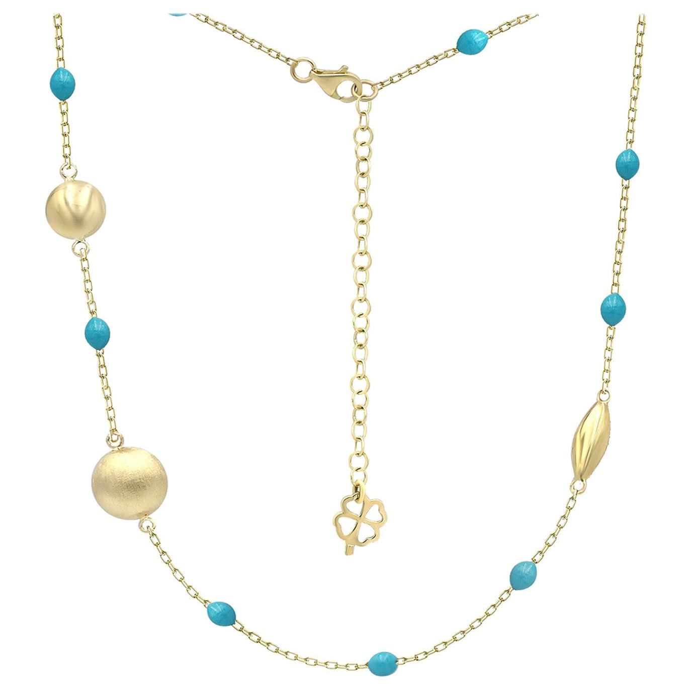 Beautiful Yellow Gold Blue Enamel 14 Karat Sautoir Long Necklace For Sale