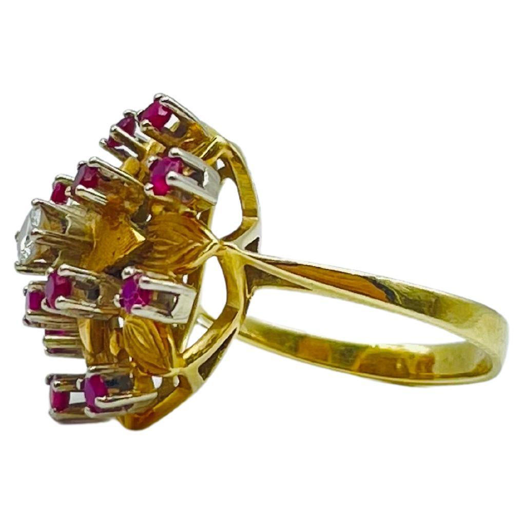 Brilliant Cut beautiful yellow gold flower ring with rubies and diamond For Sale