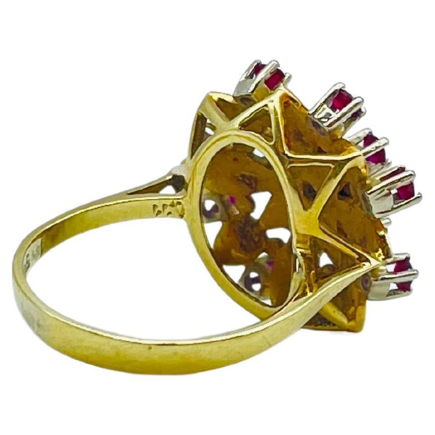 Women's or Men's beautiful yellow gold flower ring with rubies and diamond For Sale