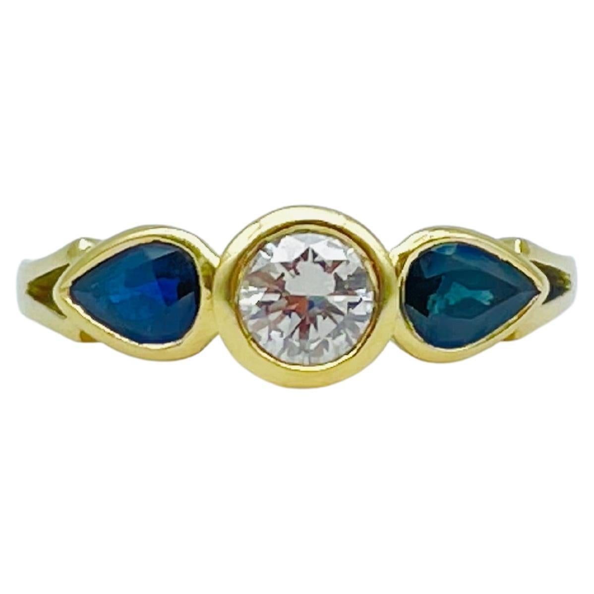 Beautiful yellow gold ring 0.60carat diamond, 2 blue sapphire teardrops For Sale 5