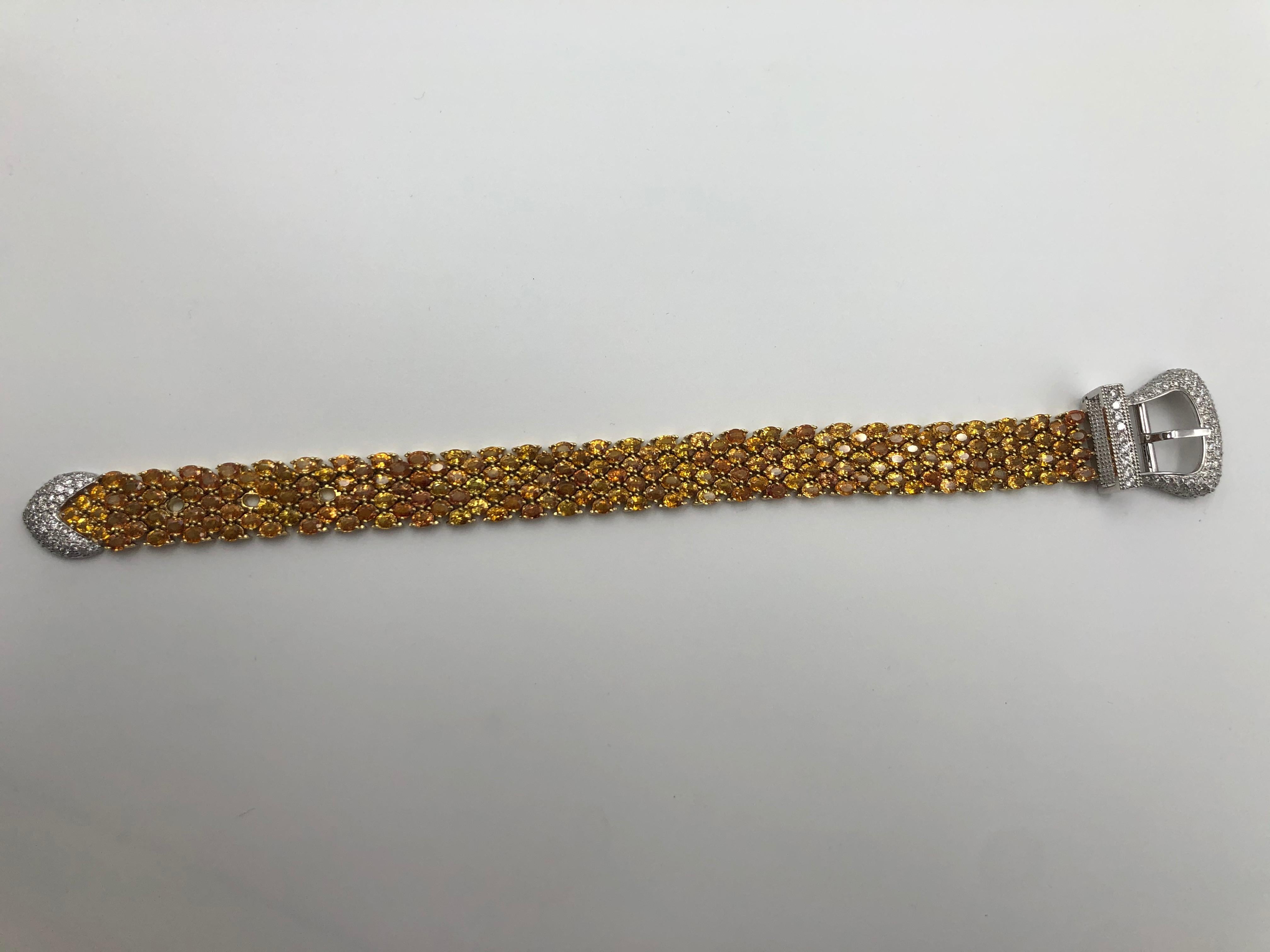 Round Cut Beautiful Yellow Sapphire and Diamond Buckle Bracelet 18 Karat Two-Tone For Sale