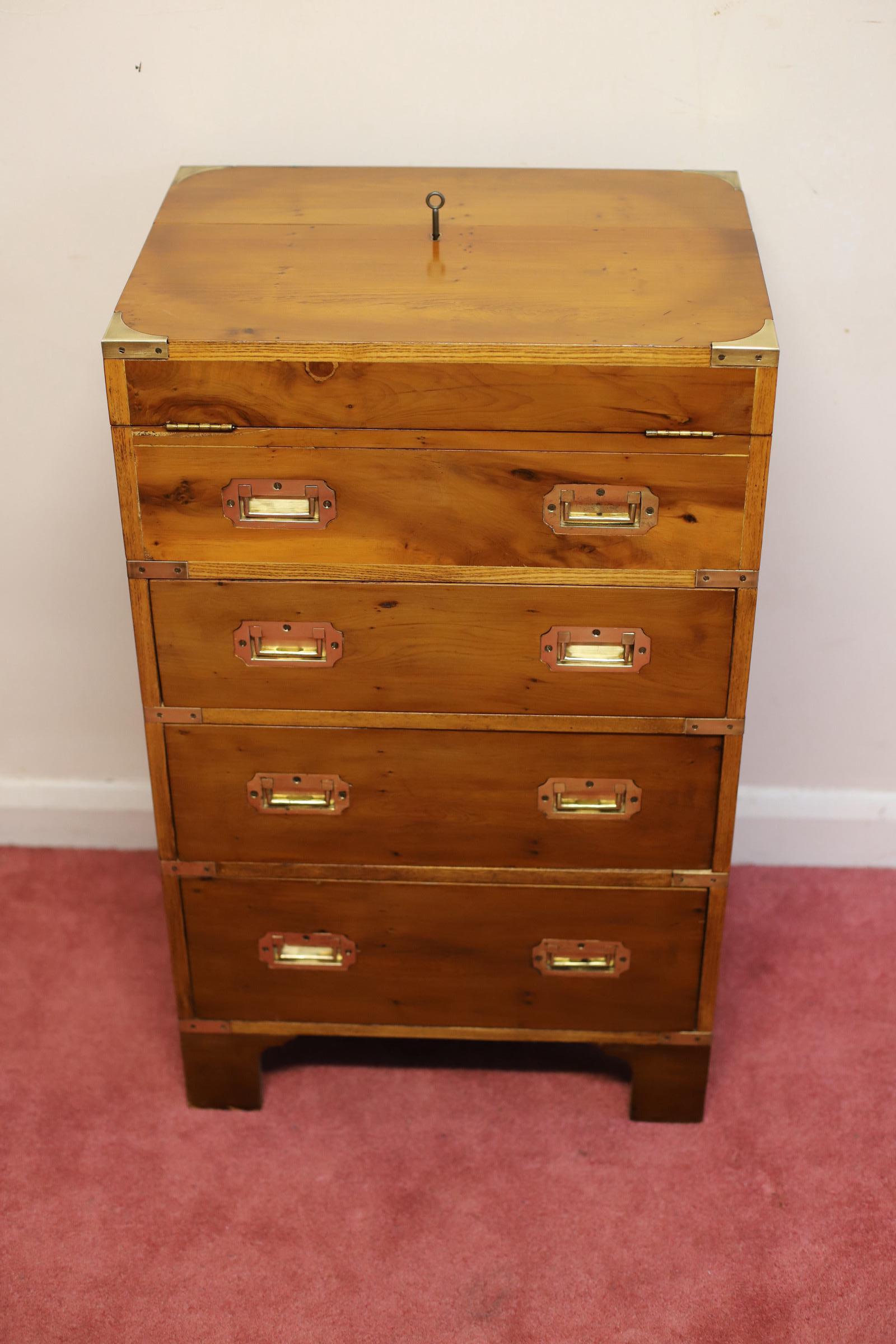 British Beautiful Yew And Brass Military Secretary Campaign Chest Writing Table  For Sale